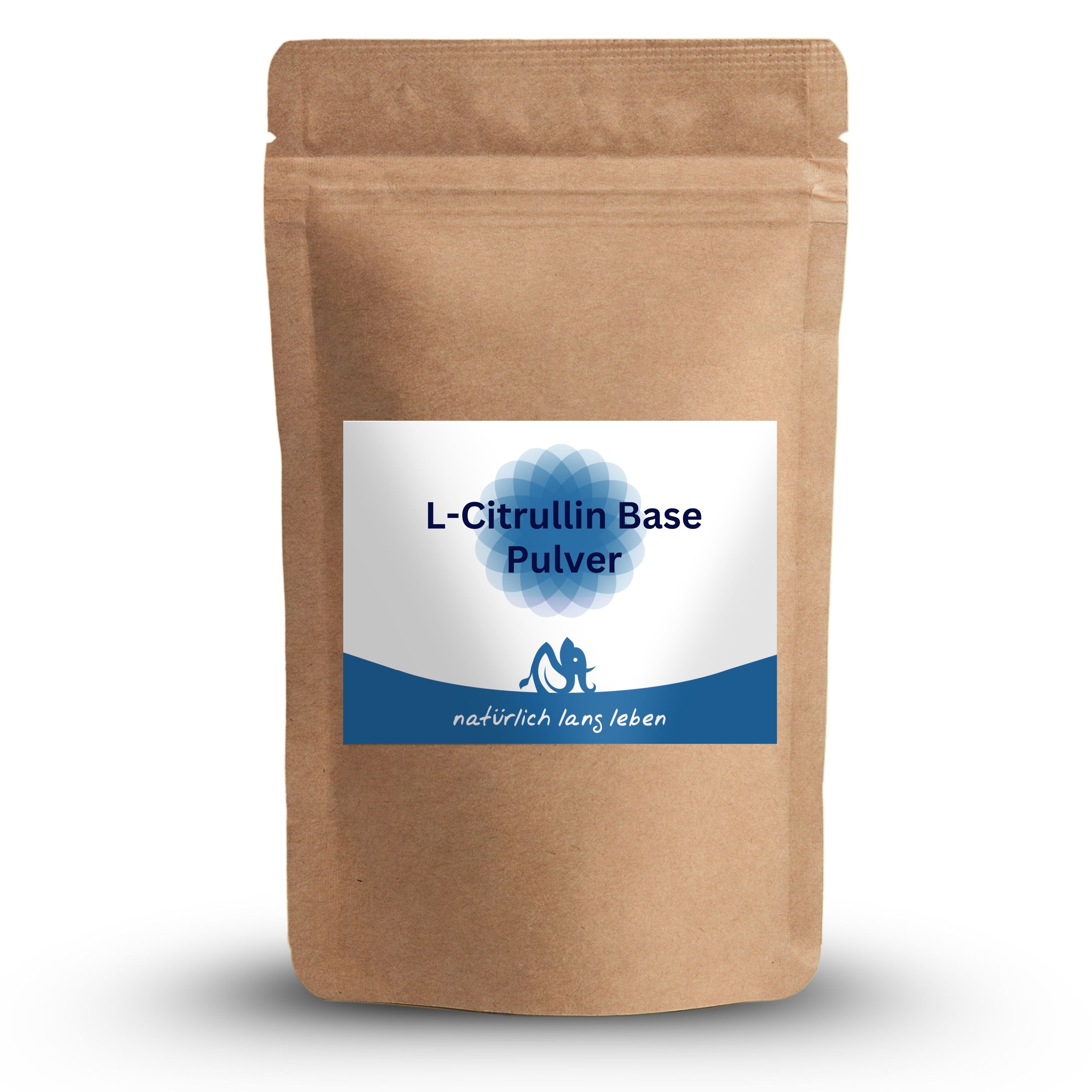 Braune Pulverpackung mit Etikett. Aufschrift: L-Citrullin Base Pulver. Logo und Schriftzug: natürlich lang leben.