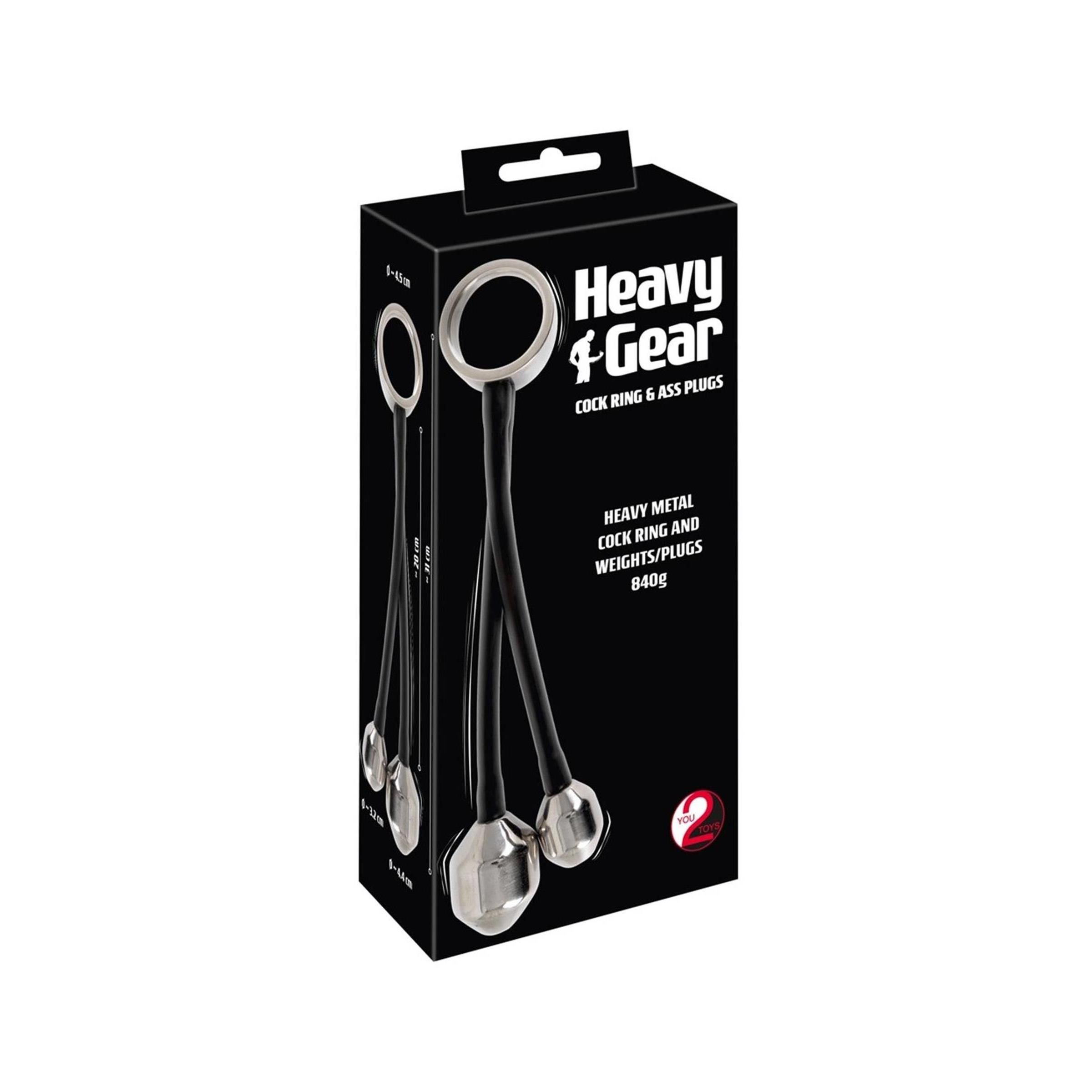 Verpackung für Heavy Gear Penisring und Analplug. Enthält einen Ring und zwei Gewichte/Plugs.
