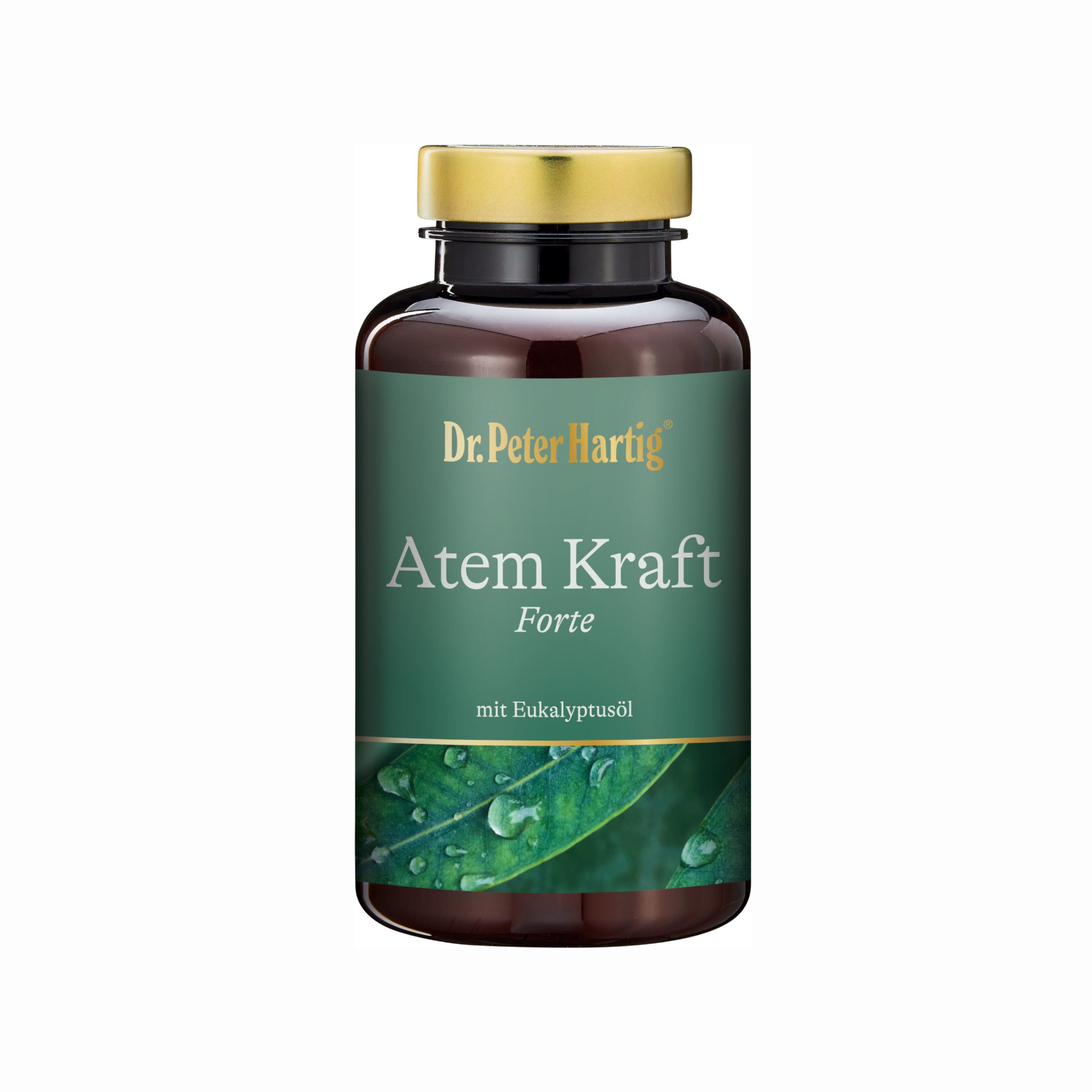 Braune Flasche mit goldfarbenem Deckel. Aufschrift: Dr. Peter Hartig Atem Kraft Forte. Mit Eukalyptusöl. Grün-weißes Etikett mit Blättern.