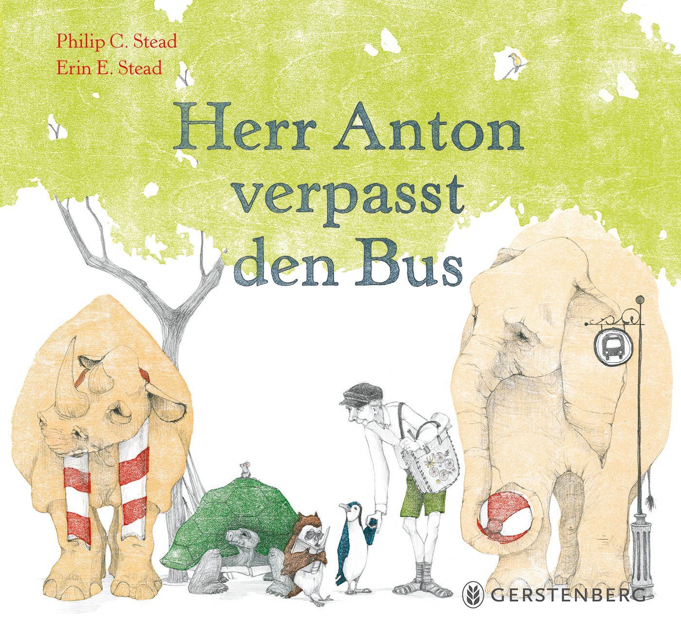 Buchcover mit Titel "Herr Anton verpasst den Bus". Illustrationen von Tieren und einer Person. Verlag: Gerstenberg.