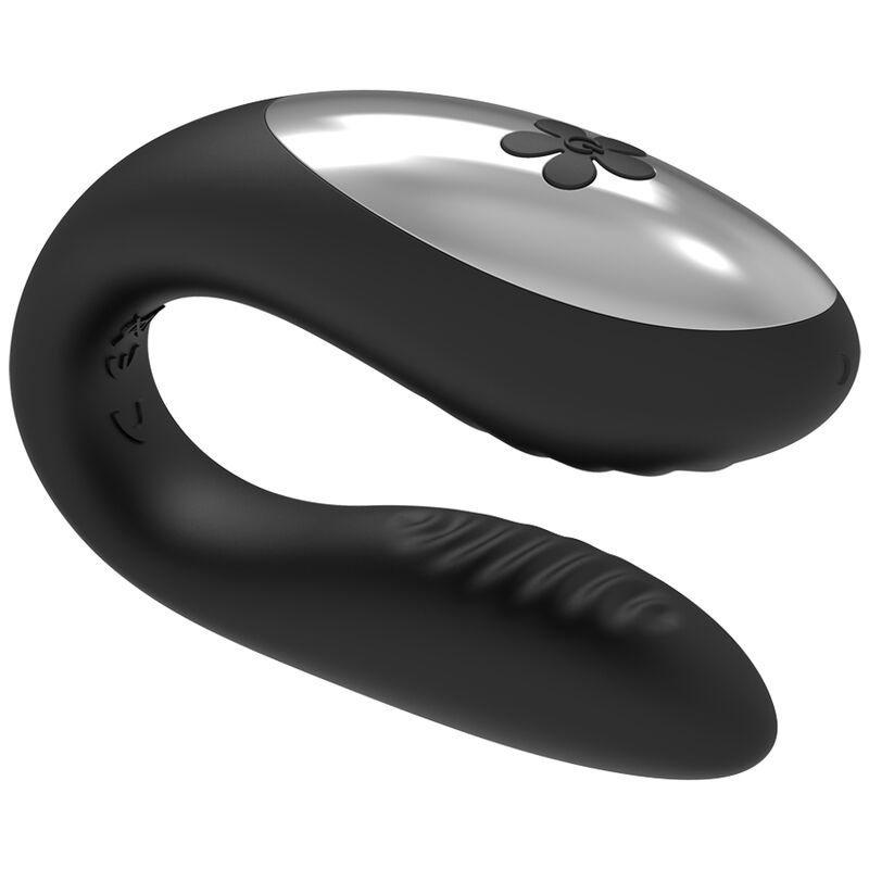 Schwarzer Paarvibrator mit silberner Oberfläche. U-Form, mit Blüte und Ein/Aus-Taste.