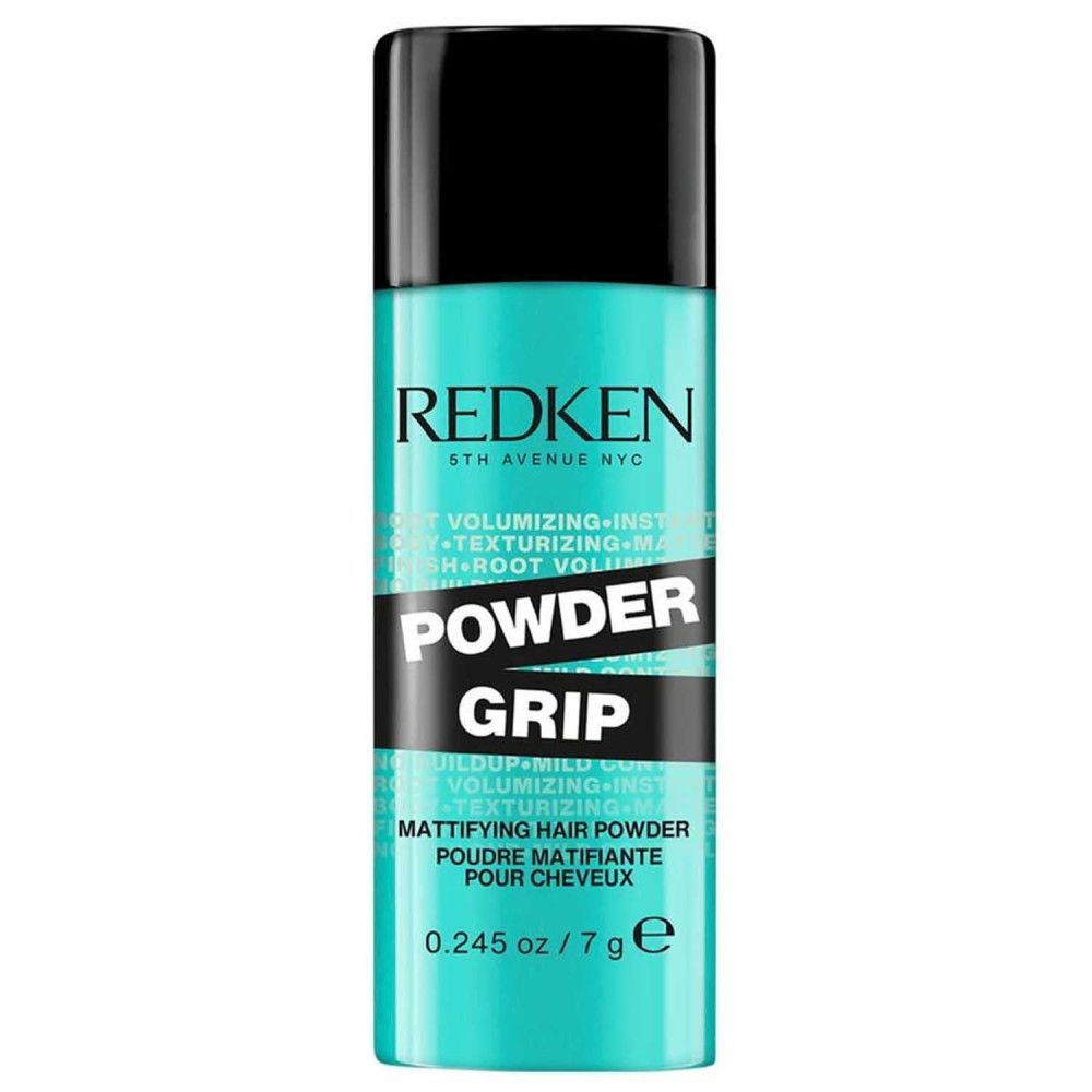 Türkisfarbene Flasche mit schwarzem Deckel. Redken Powder Grip. Text: Mattifying Hair Powder. 0.245 oz / 7 g.