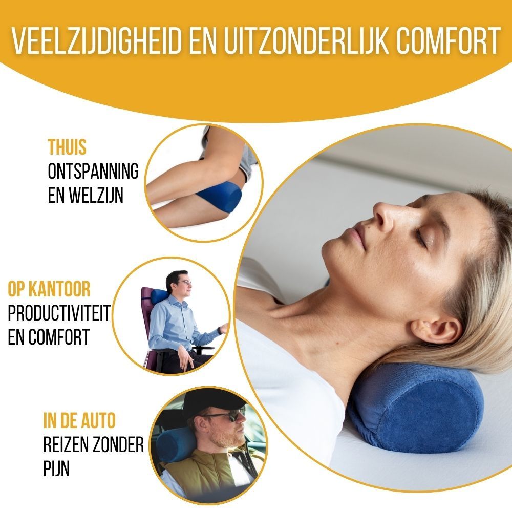 Blauw ergonomisch kussen. Gebruik: thuis, kantoor, auto. Vrouw ligt met kussen.