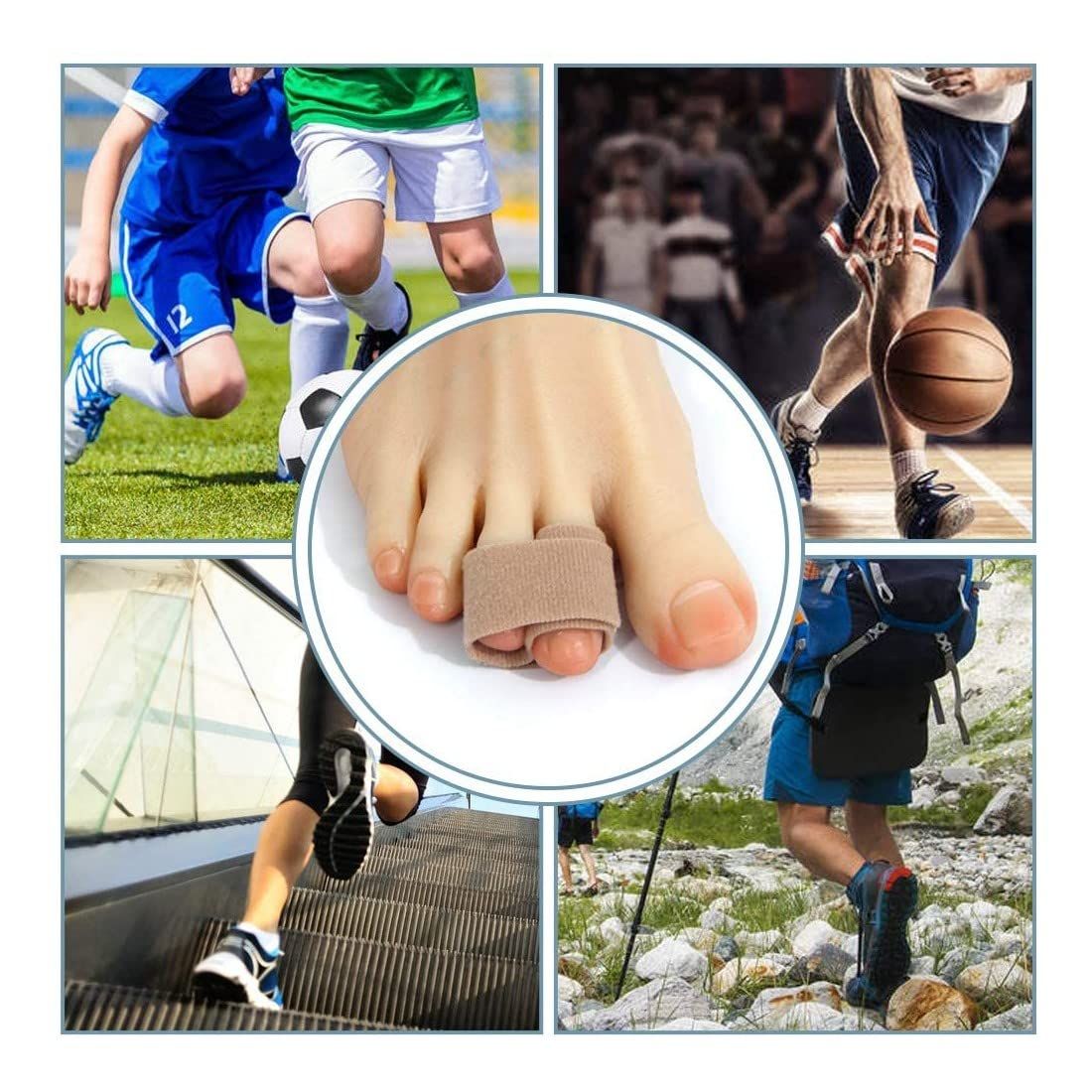 Zehenbandage am Fuß in verschiedenen Sportarten: Fußball, Basketball, Laufen, Wandern.
