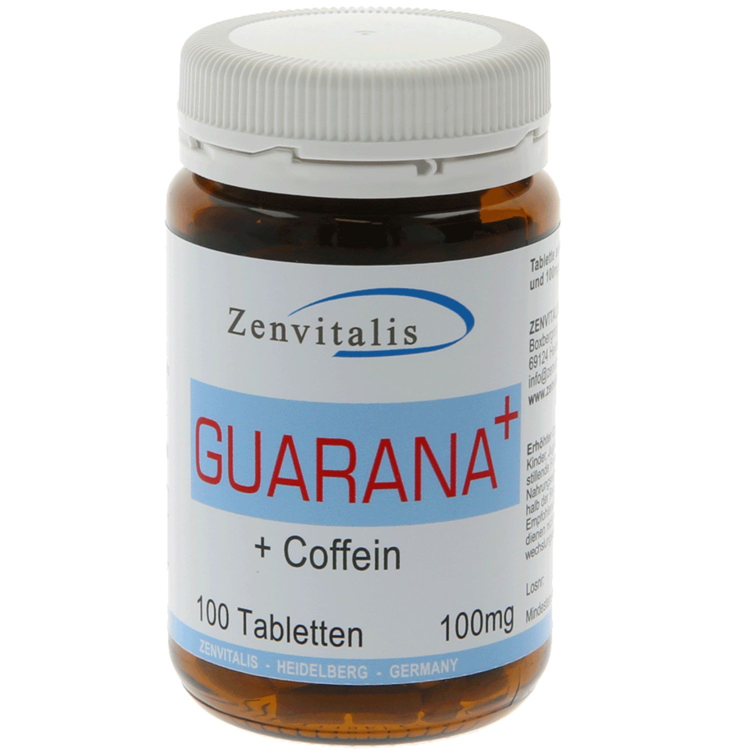 Braune Tablettenflasche mit weißem Deckel. Aufschrift: Guarana+ Koffein, 100 Tabletten, 100mg.