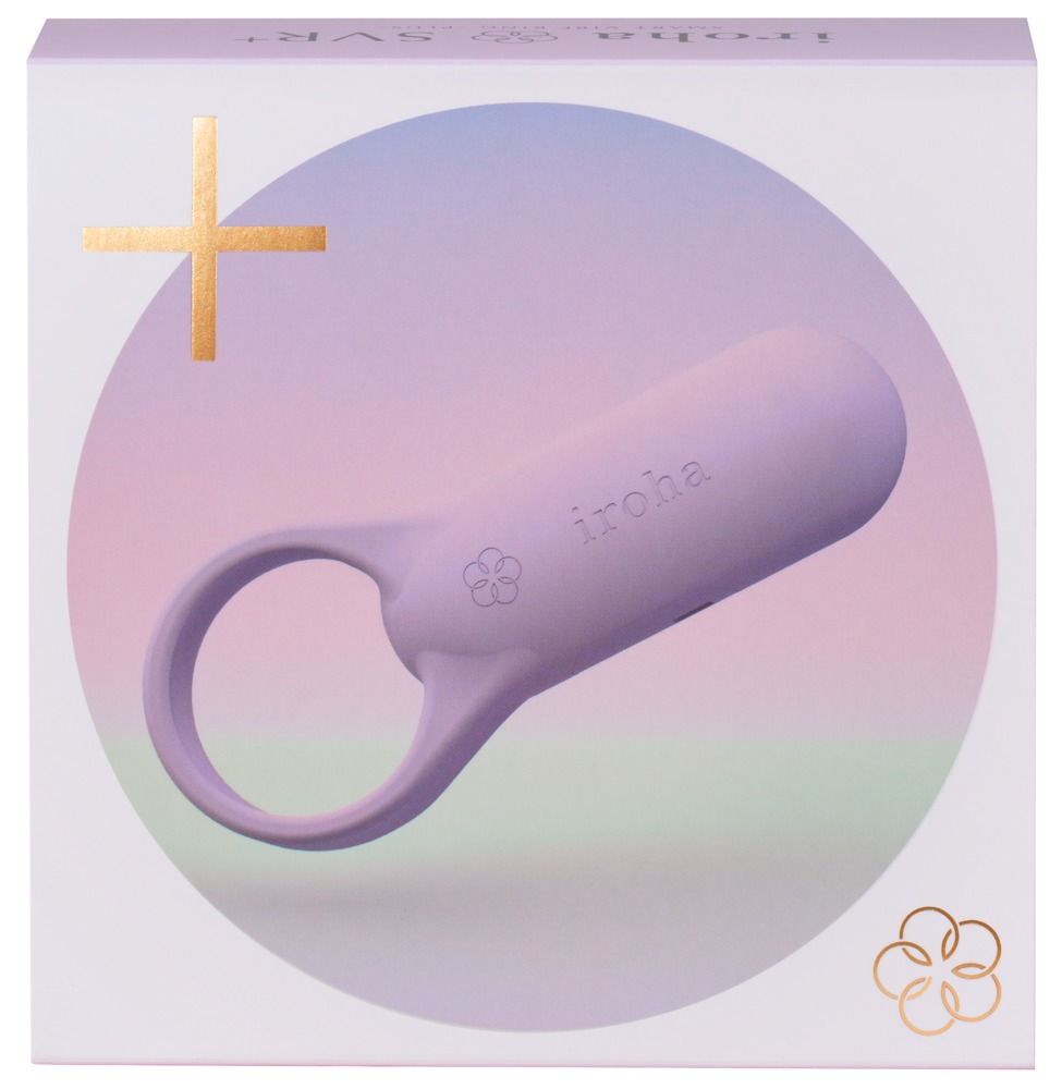 Verpackung mit lila Vibrator mit Ring. Marke iroha SVR+. Goldfarbenes Plus-Symbol.