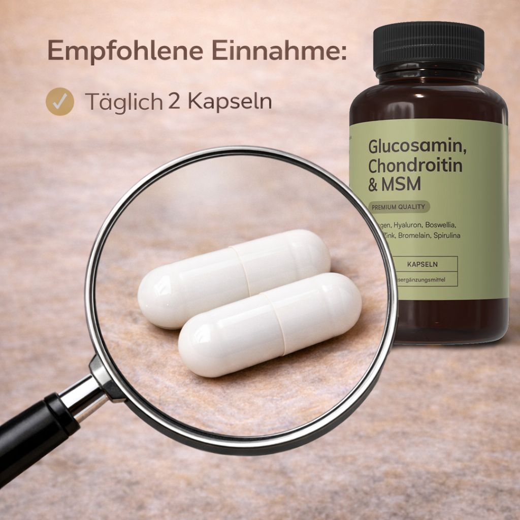 Zwei weiße Kapseln unter einer Lupe. Aufschrift: Täglich 2 Kapseln. Braune Flasche mit Kapseln im Hintergrund.