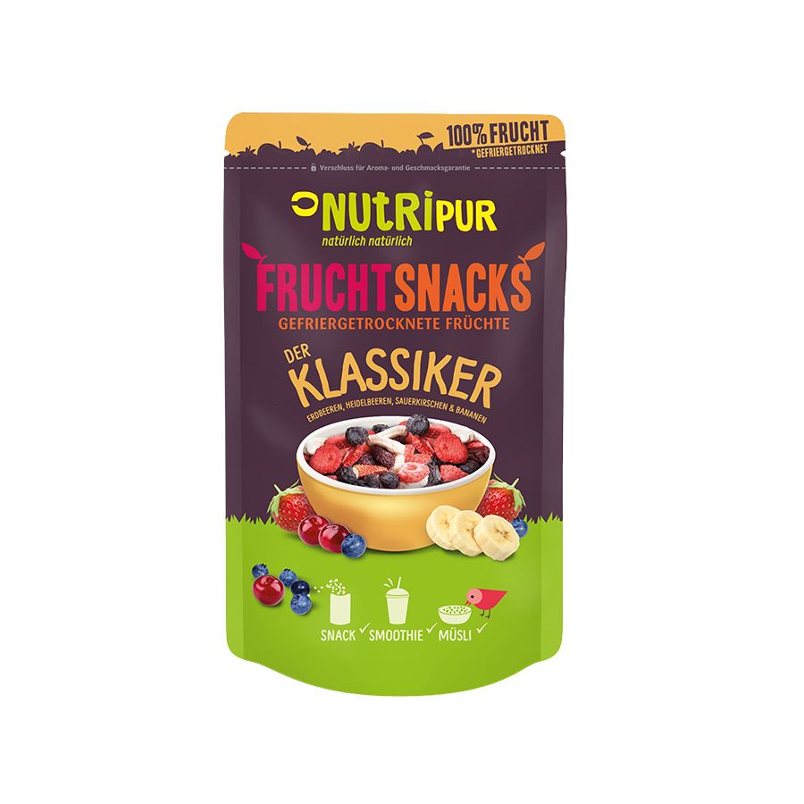 Beutel mit gefriergetrockneten Früchten. Aufschrift: NutriPur, Frucht Snacks, Der Klassiker. Abbildung von Früchten in einer Schüssel.
