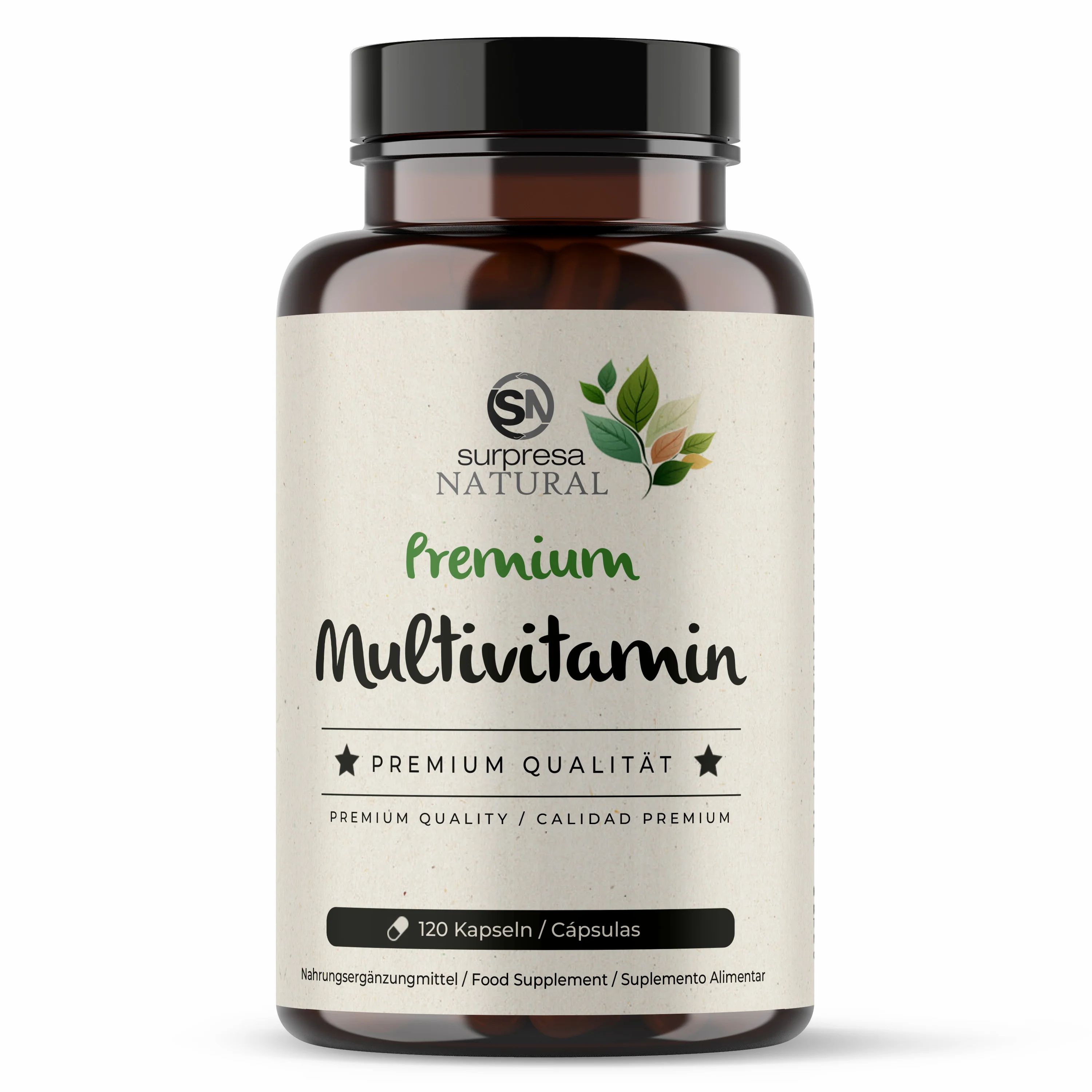 Braune Flasche mit Etikett. Aufschrift: Surpresa Natural Multivitamin, Premium Qualität. 120 Kapseln.