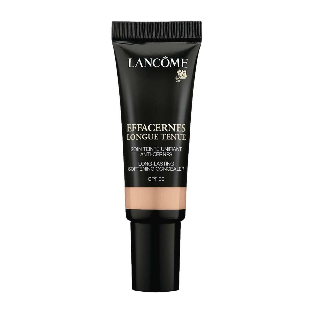 Schwarze Tube mit Produkt. Aufschrift: Lancôme, Effacernes Longue Tenue, SPF 30. Beige Produkt sichtbar.