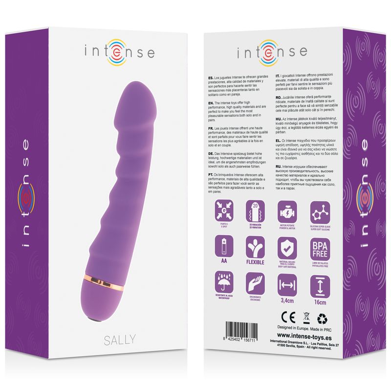 Verpackung mit Vibrator. Aufdruck: Intense, Sally. Produktabbildung, Text, Logos und Icons.