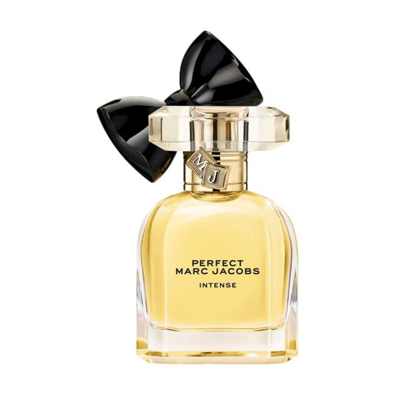 Parfümflakon mit schwarzem Verschluss. Aufschrift: Perfect Marc Jacobs Intense. Goldfarbene Flüssigkeit im Glasflakon.
