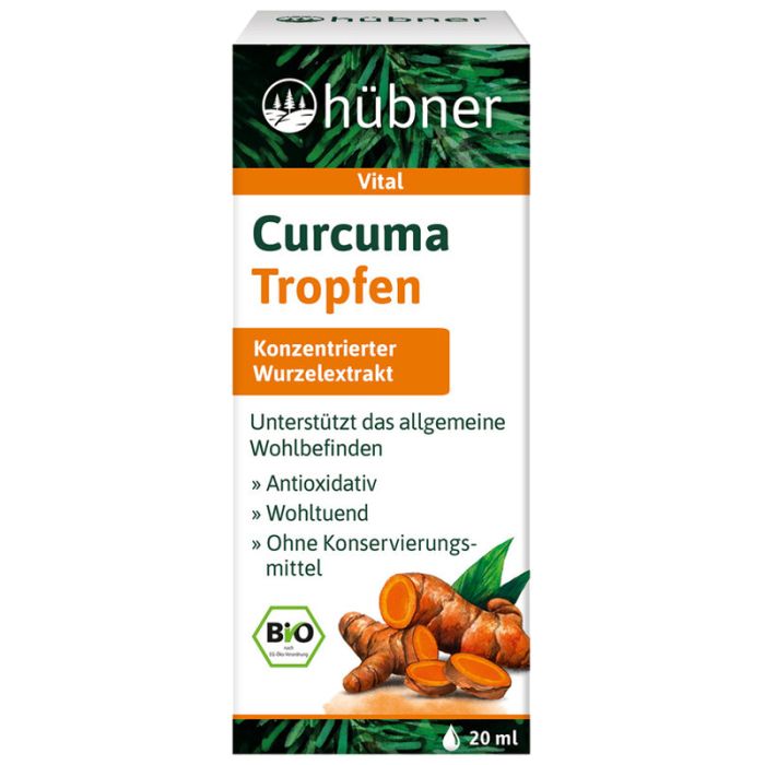 Verpackung von Hübner Curcuma Tropfen. Enthält konzentrierten Wurzelextrakt. Mit Bio-Siegel. 20 ml.