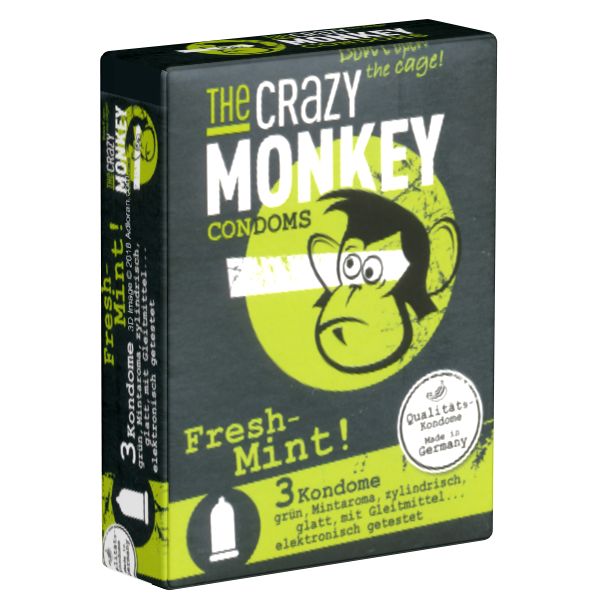 Schachtel mit Kondomen. Aufschrift: "THE CRAZY MONKEY CONDOMS Fresh-Mint!" 3 Kondome, grün, Minzaroma, zylindrisch, glatt, mit Gleitmittel, elektronisch getestet.