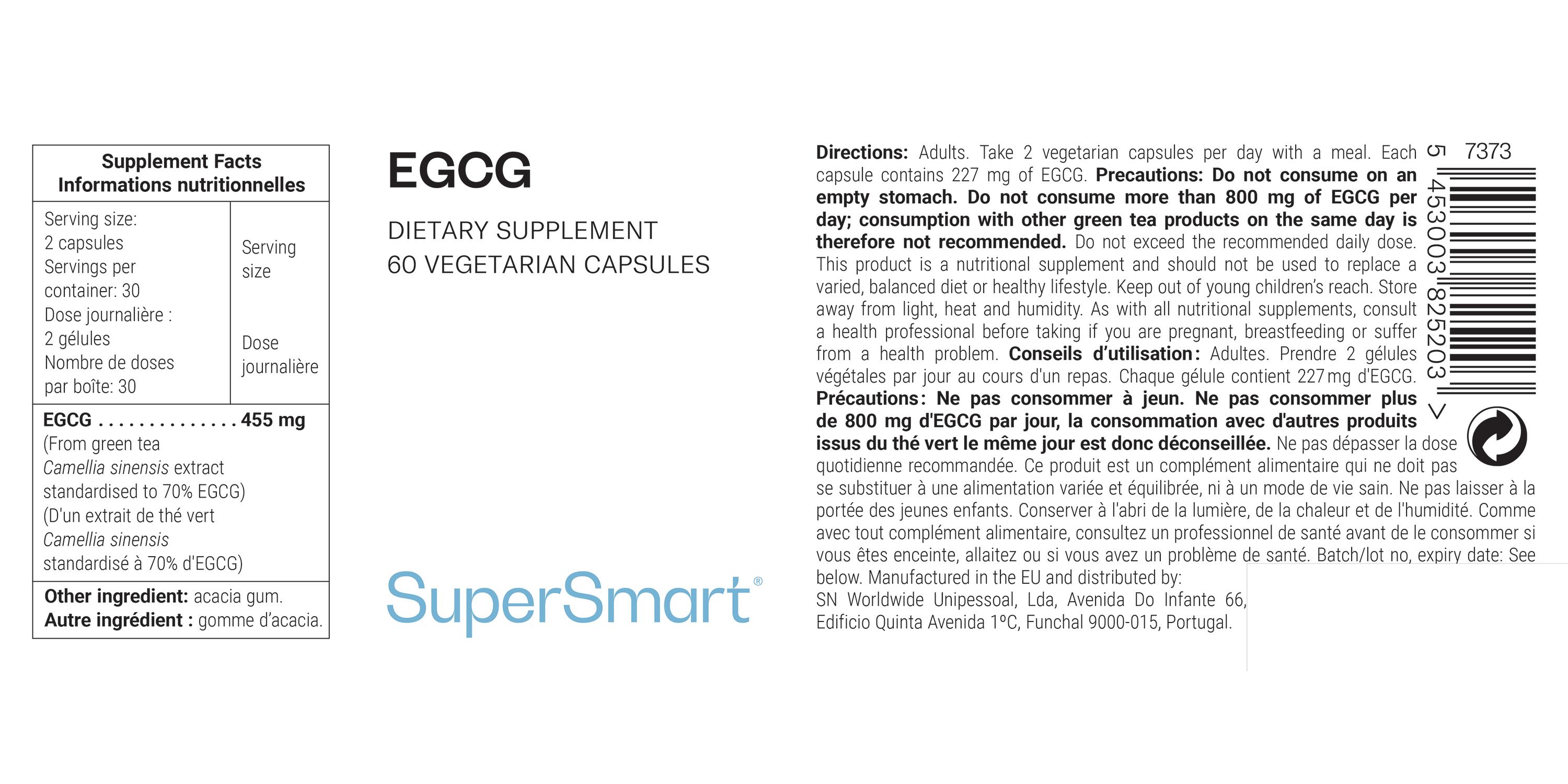 EGCG-Nahrungsergänzungsmittel. 60 vegetarische Kapseln. SuperSmart-Marke. Etikett mit Nährwertangaben und Inhaltsstoffen.
