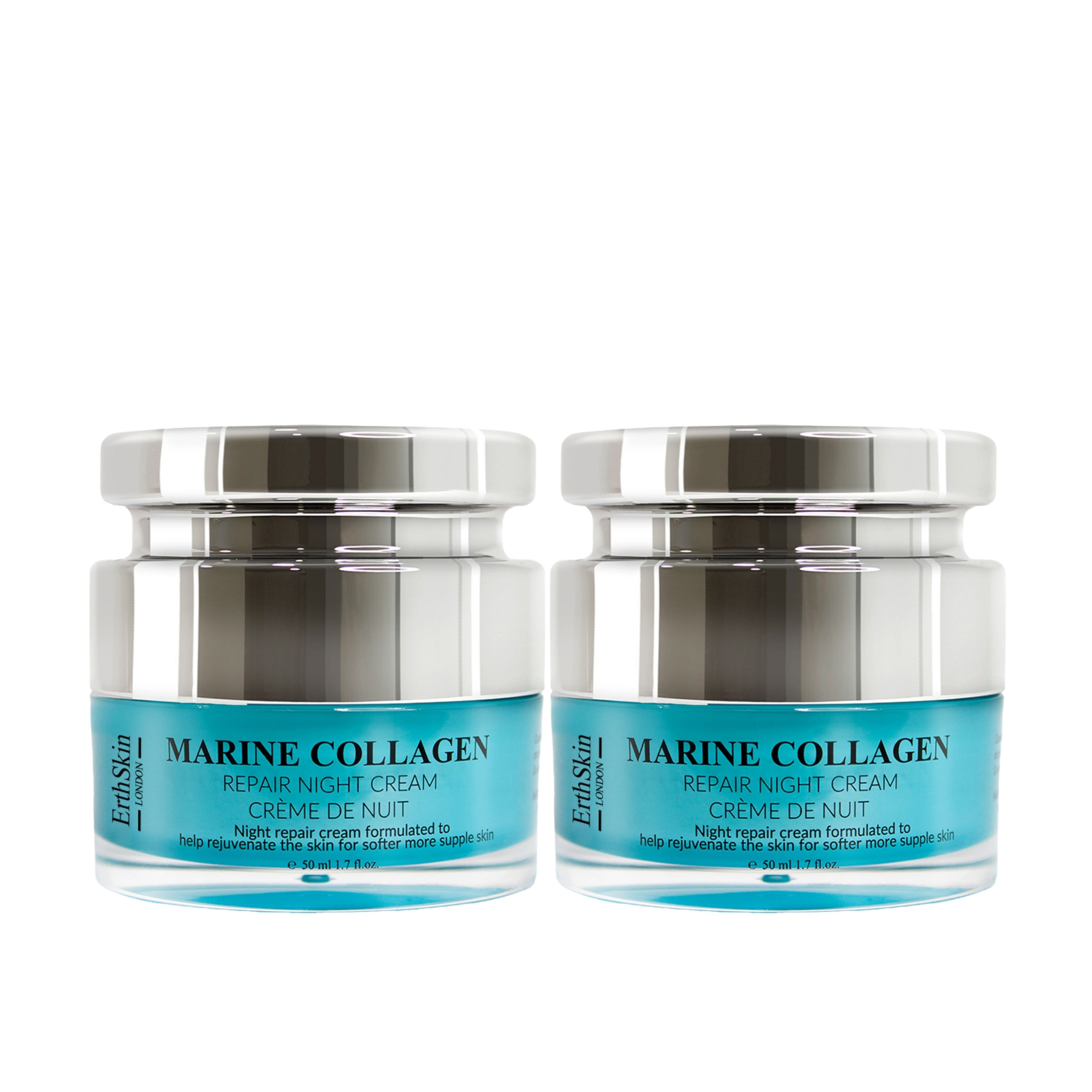 Zwei Tiegel Nachtcreme mit silbernen Deckeln. Blaue Etiketten mit Text: Marine Collagen, Repair Night Cream, Crème de Nuit. ErthSkin London.