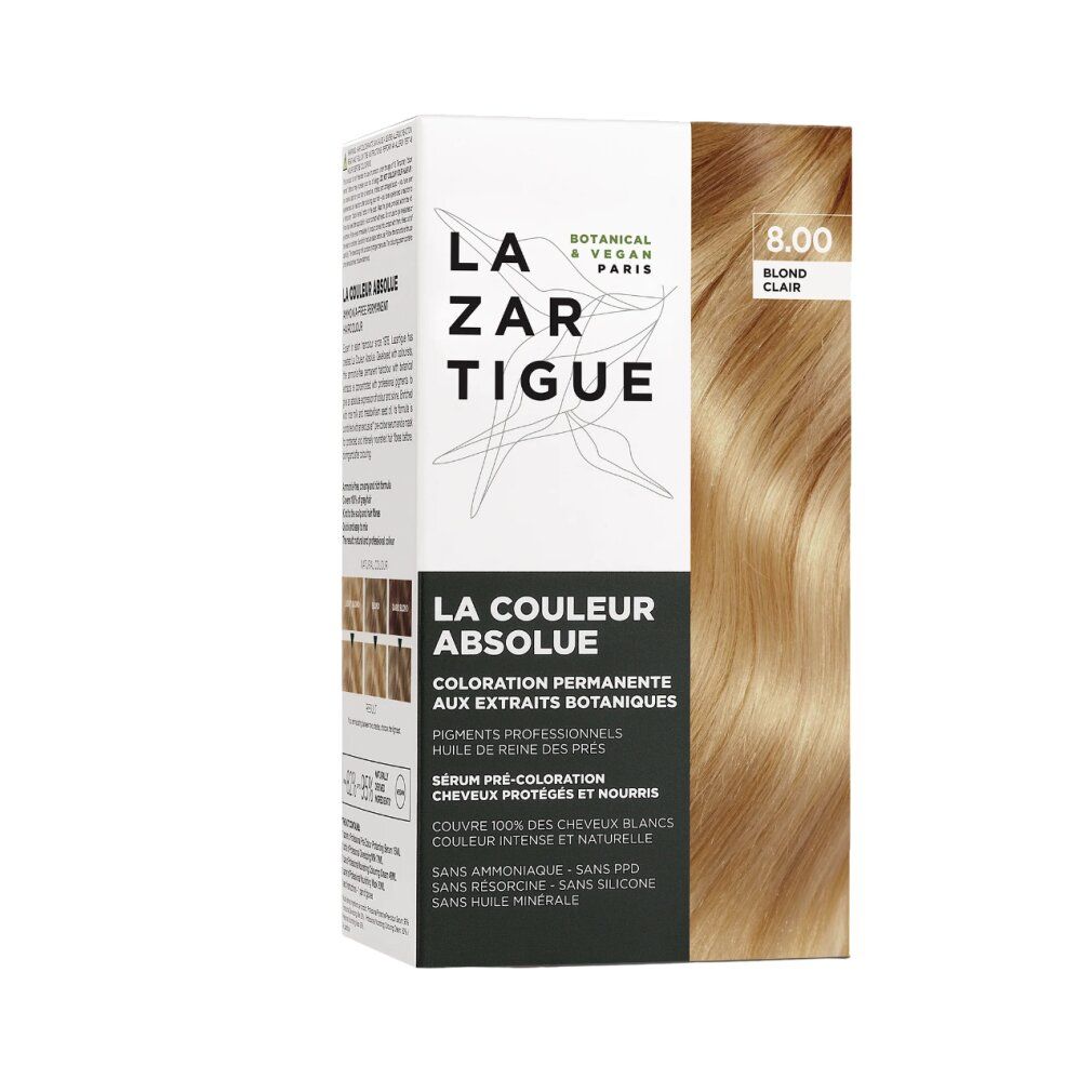 LAZARTIGUE La Couleur Absolue 8.00 Hellblond Haarfarben-Verpackung mit blondem Haar.