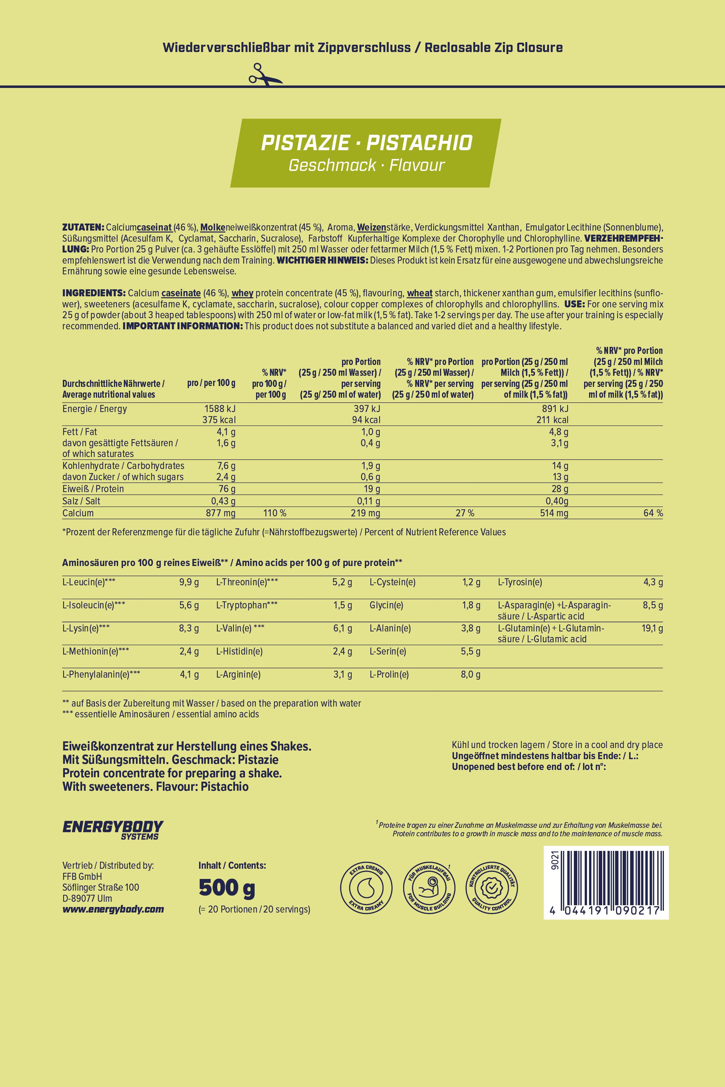 Rückseite der Mega Protein Pistazie Verpackung. Text: Pistazie/Pistachio, Nährwertangaben, Aminosäuren, Zutatenliste, Wiederverschließbar mit Zipverschluss.