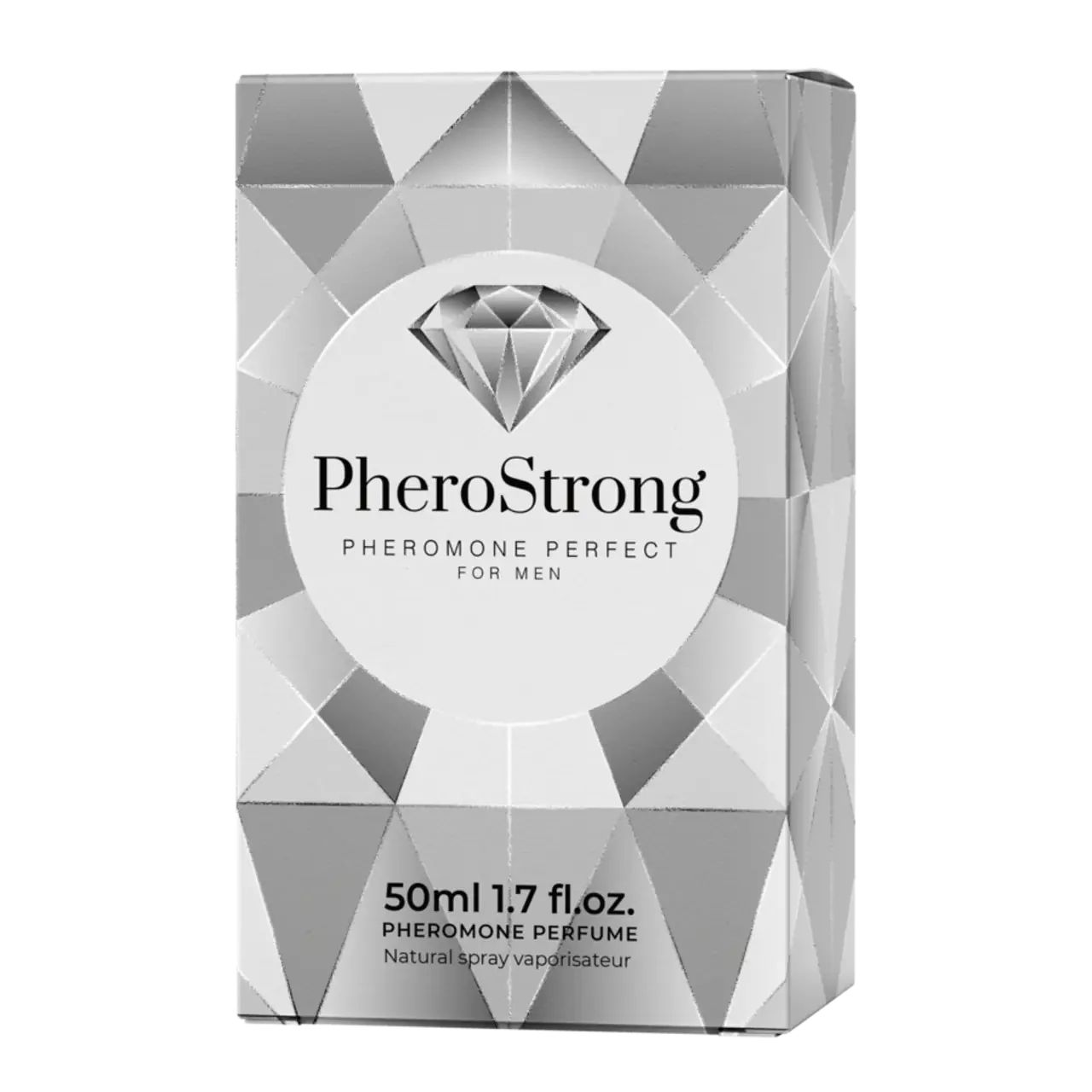 Verpackung mit Logo und Produktinformationen. Aufschrift: PheroStrong, Pheromone Perfect for Men, 50ml 1.7 fl.oz.