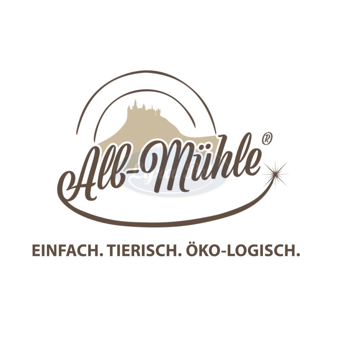 Logo von Alb-Mühle. Text: Einfach. Tierisch. Öko-logisch. Bild einer Burg.