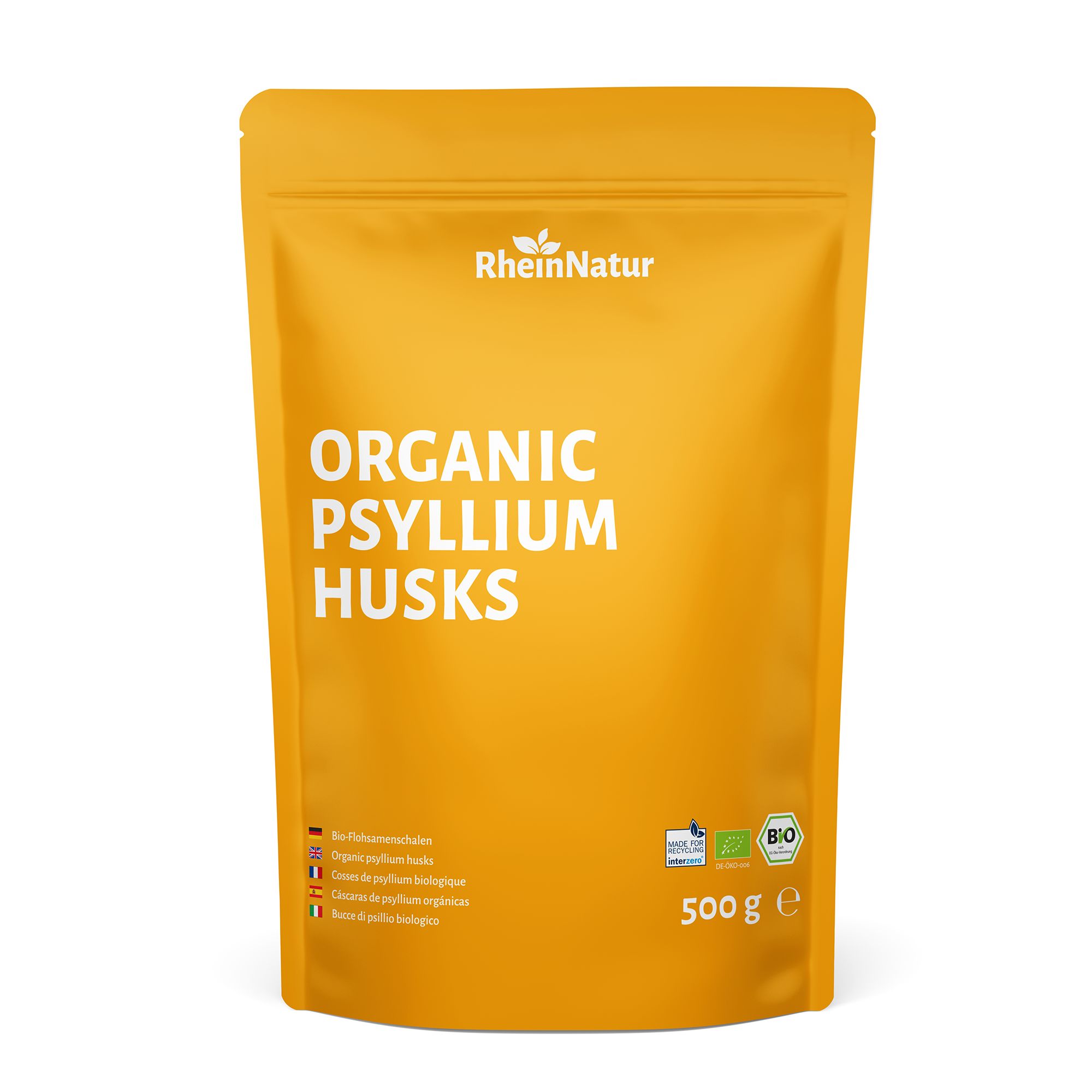 Gelbe Standbeutel mit "RheinNatur"-Logo und "Organic Psyllium Husks"-Schriftzug. Bio-Siegel und 500g-Angabe.