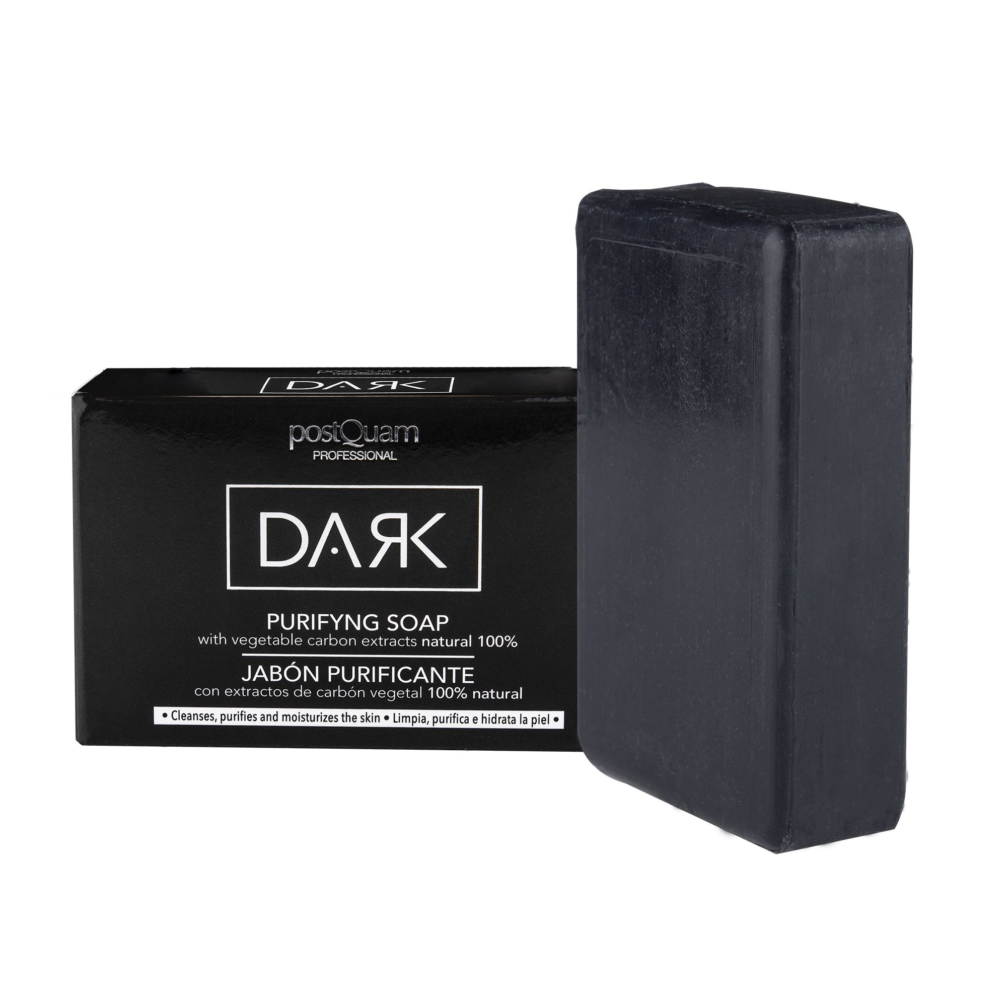Schwarze Seife und Verpackung. Auf der Verpackung steht "DARK PURIFYNG SOAP" und "postQuam PROFESSIONAL".
