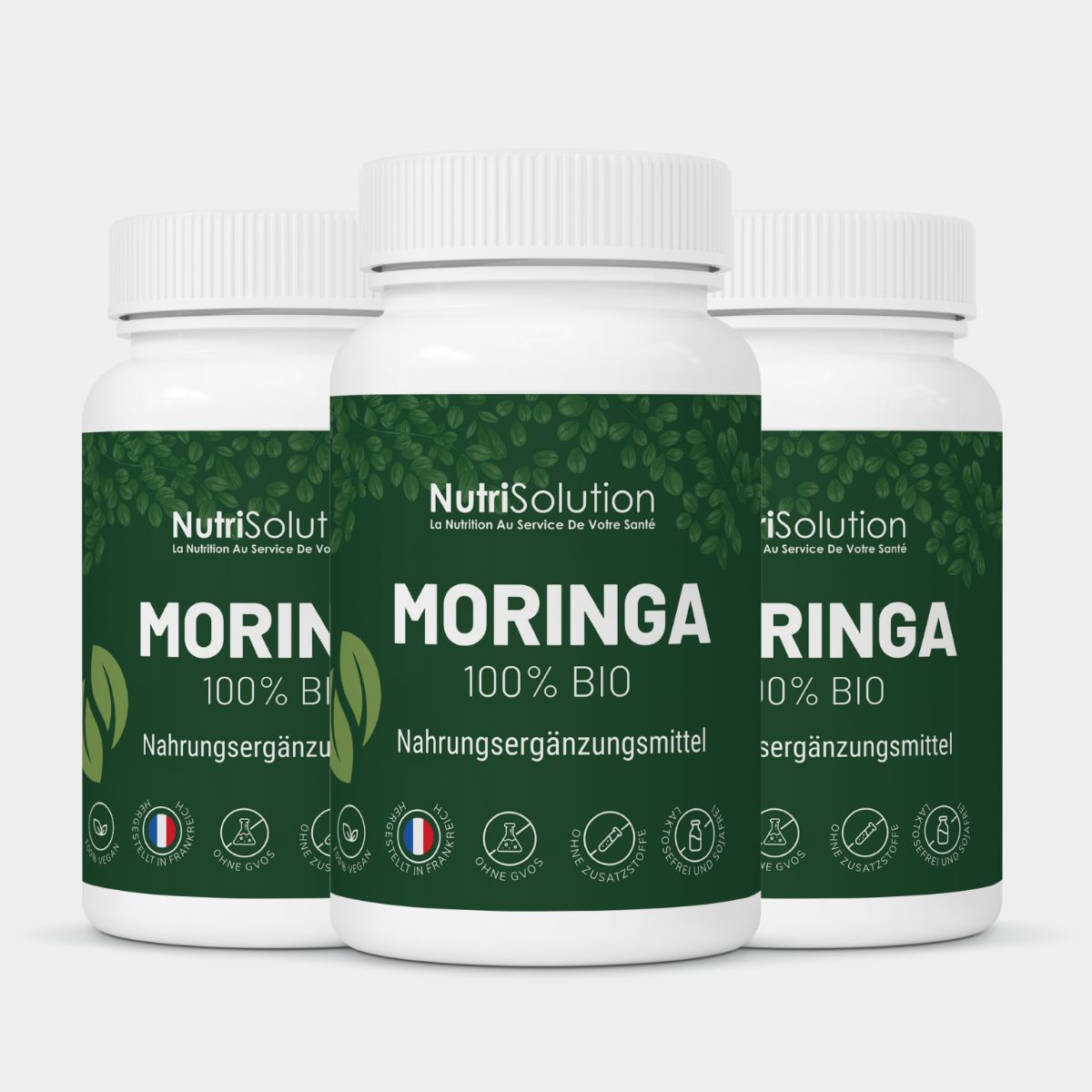 Drei Flaschen NutriSolution Moringa 100% Bio Nahrungsergänzungsmittel.