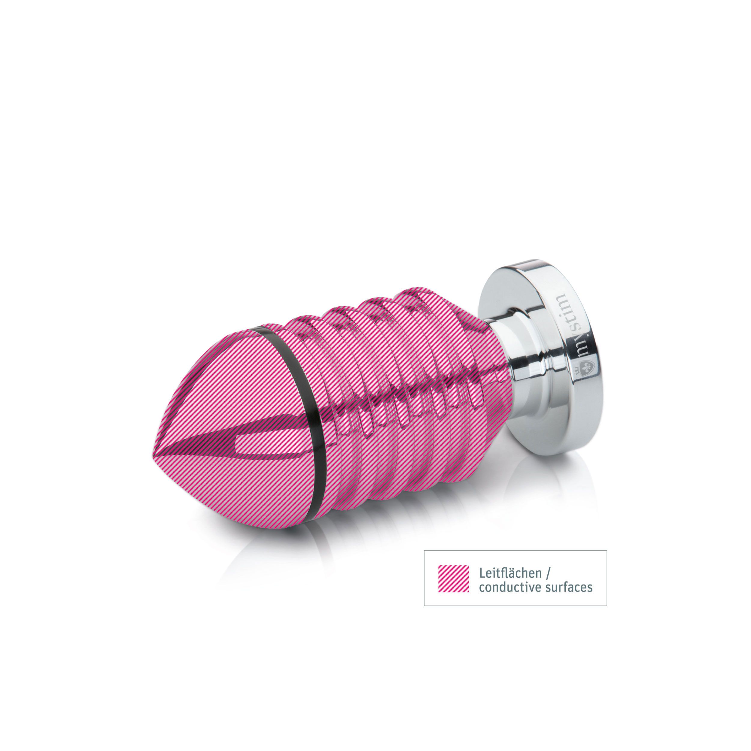 Rosa Analplug mit geriffelter Oberfläche. Basis mit Logo. Text: Leitflächen / conductive surfaces.