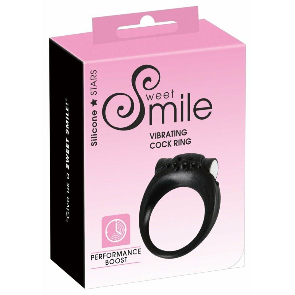 Rosa Verpackung mit einem schwarzen Penisring. Text: Sweet Smile, Vibrating Cock Ring.