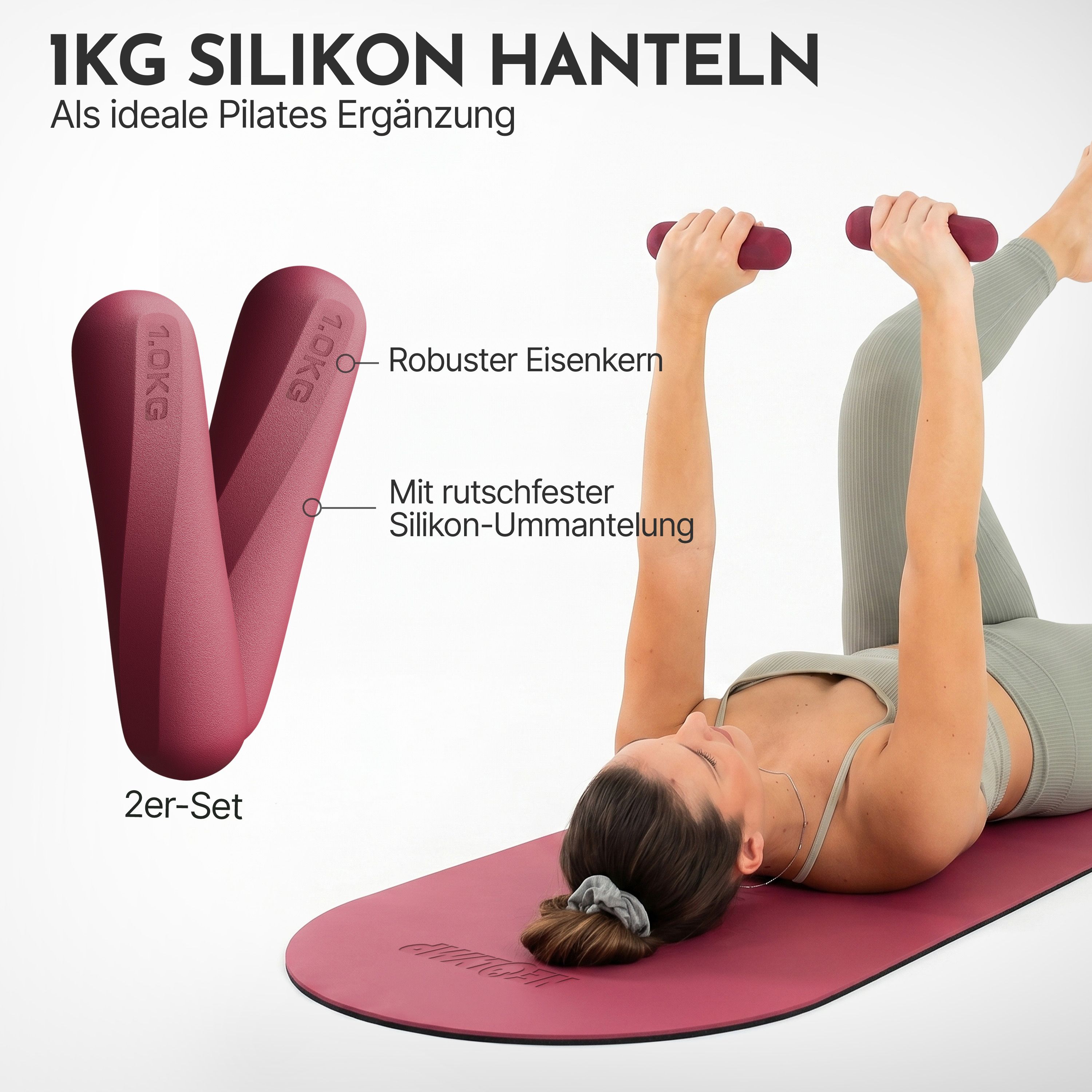 Frau mit 1kg Silikon-Hanteln auf Pilates-Matte. Robuster Eisenkern, rutschfeste Silikon-Ummantelung.