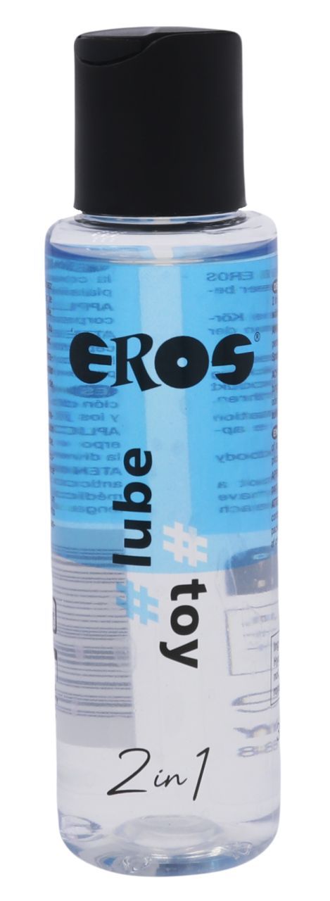 Nahaufnahme einer Flasche EROS 2in1 Gleitmittel und Toy-Flüssigkeit, schwarzer Verschluss.