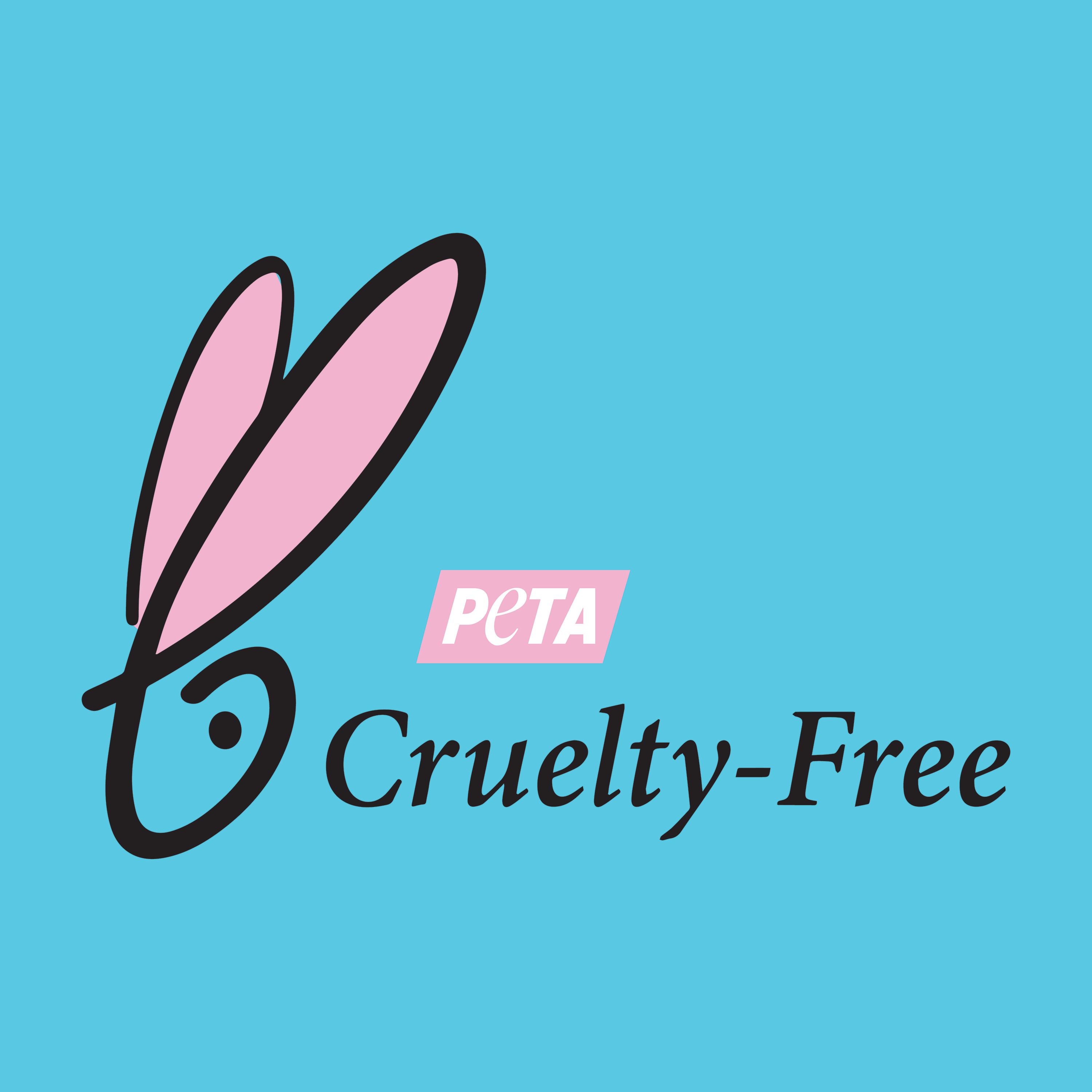 PETA Cruelty-Free Logo mit rosa Hasenohren auf blauem Hintergrund.