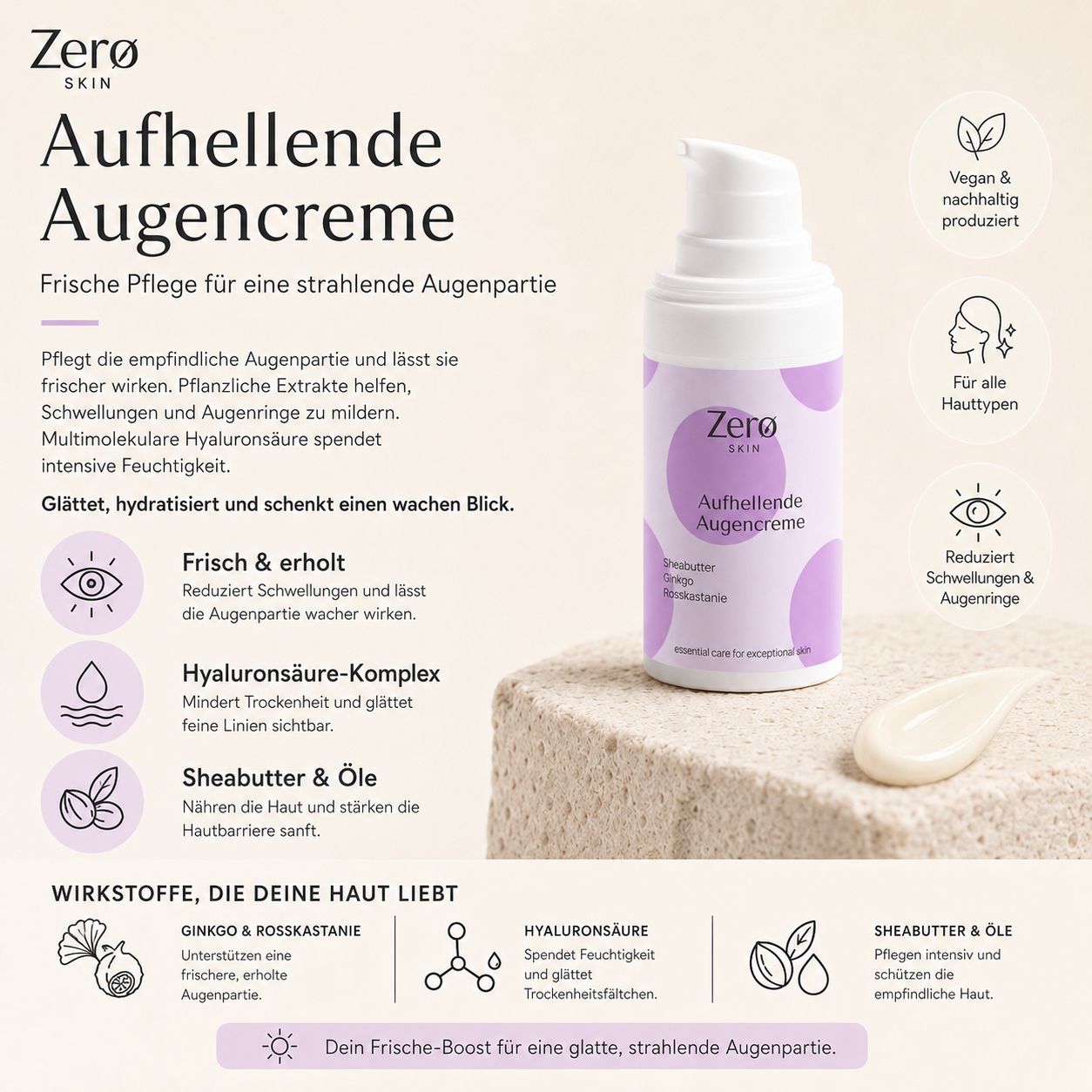 Werbebild mit Flasche und Text. Die Flasche ist weiß mit lila Akzenten. Text: Aufhellende Augencreme.