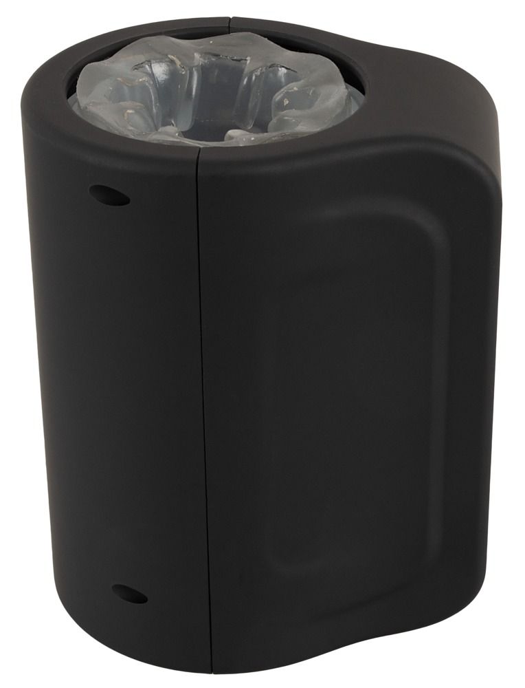 Schwarzes, zylindrisches Gerät mit transparentem Einsatz. Seitliche Aussparungen und abgerundete Form.