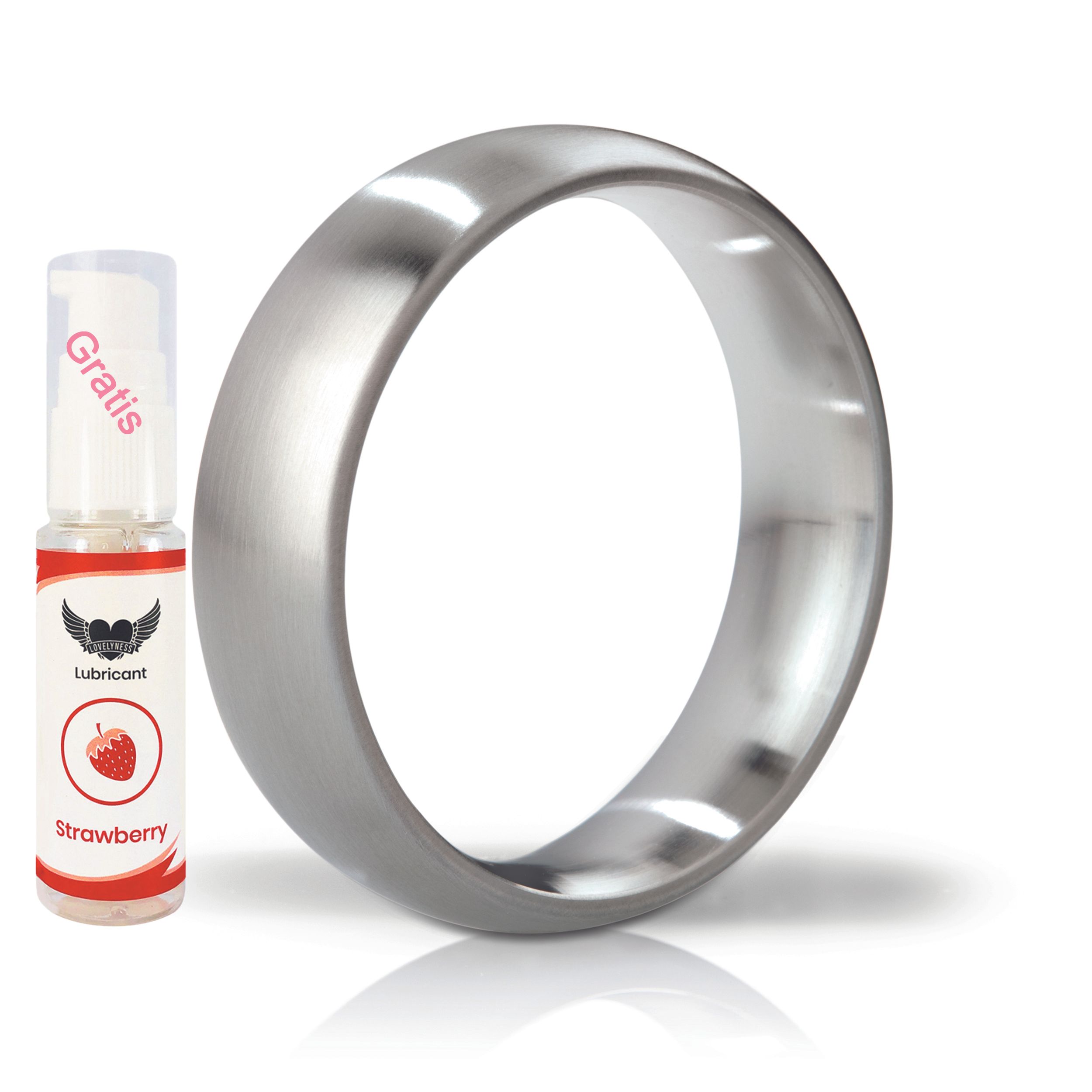 Metallring, mattiert, neben einer kleinen Flasche mit Erdbeer-Lubricant. Aufschrift "Gratis".