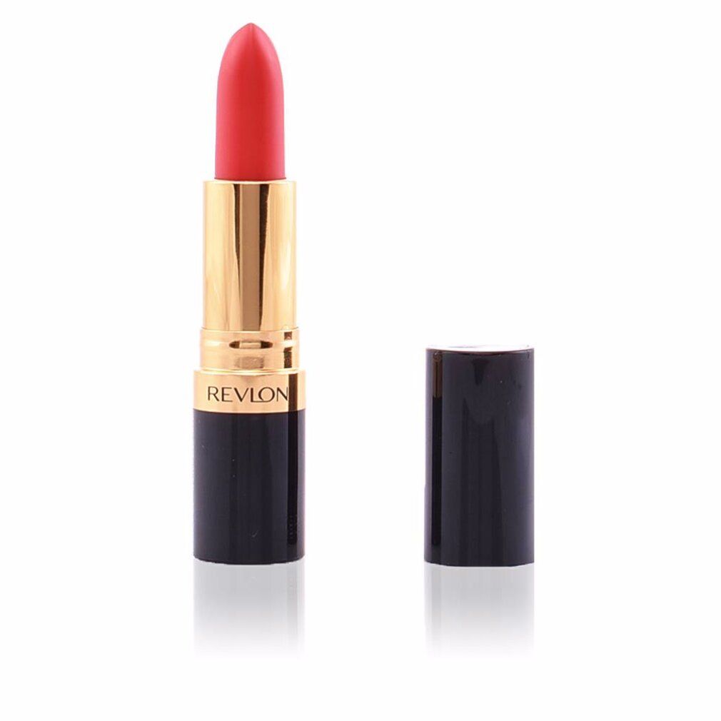 Roter Lippenstift, goldene Hülse mit schwarzem Boden, Deckel daneben. Marke: Revlon.