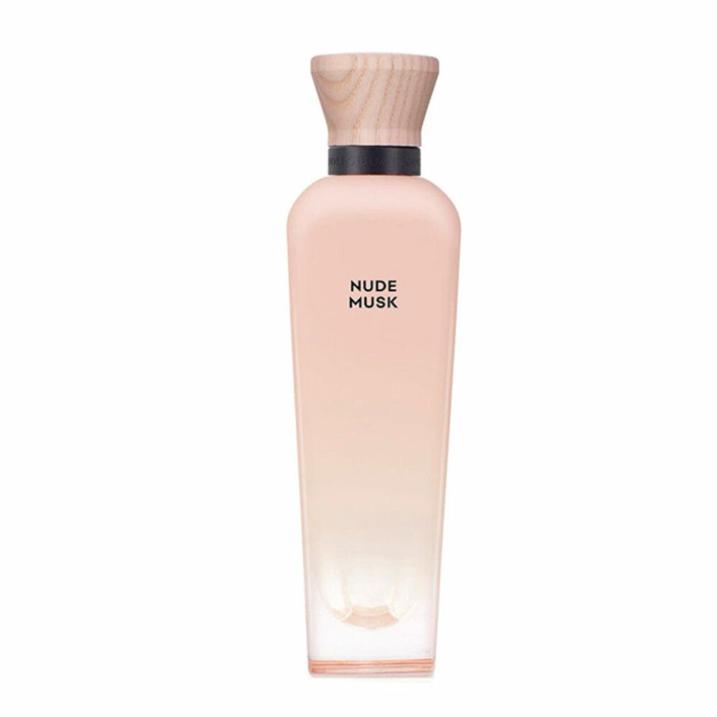 Parfümflasche mit Holzdeckel, schwarzem Ring und rosa Flüssigkeit. Produktname auf der Flasche.