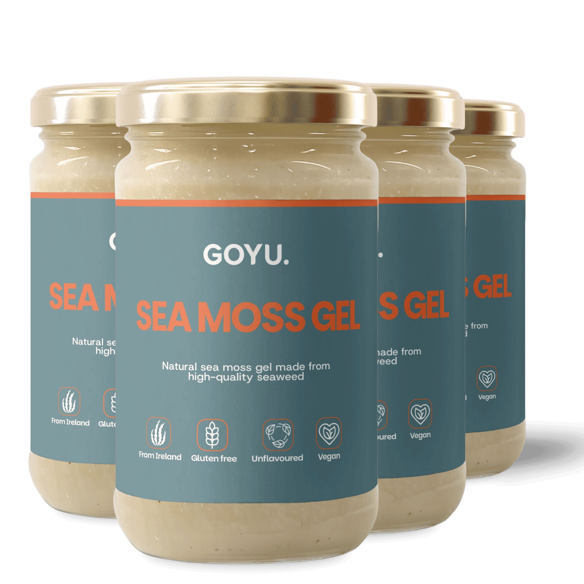 Vier Gläser Sea Moss Gel. Blaue Etiketten mit weißer Schrift. Goldfarbene Deckel. Vegan, glutenfrei, aus Irland.