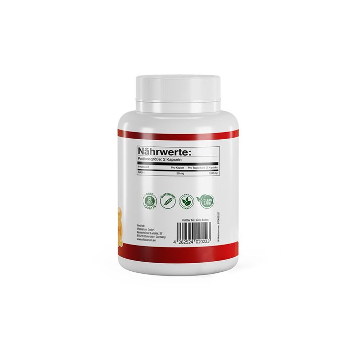 Rückseite einer weißen Flasche mit rotem Etikett. Aufschrift: Nährwerte. Abbildungen: Vegan, Bio, Glutenfrei.