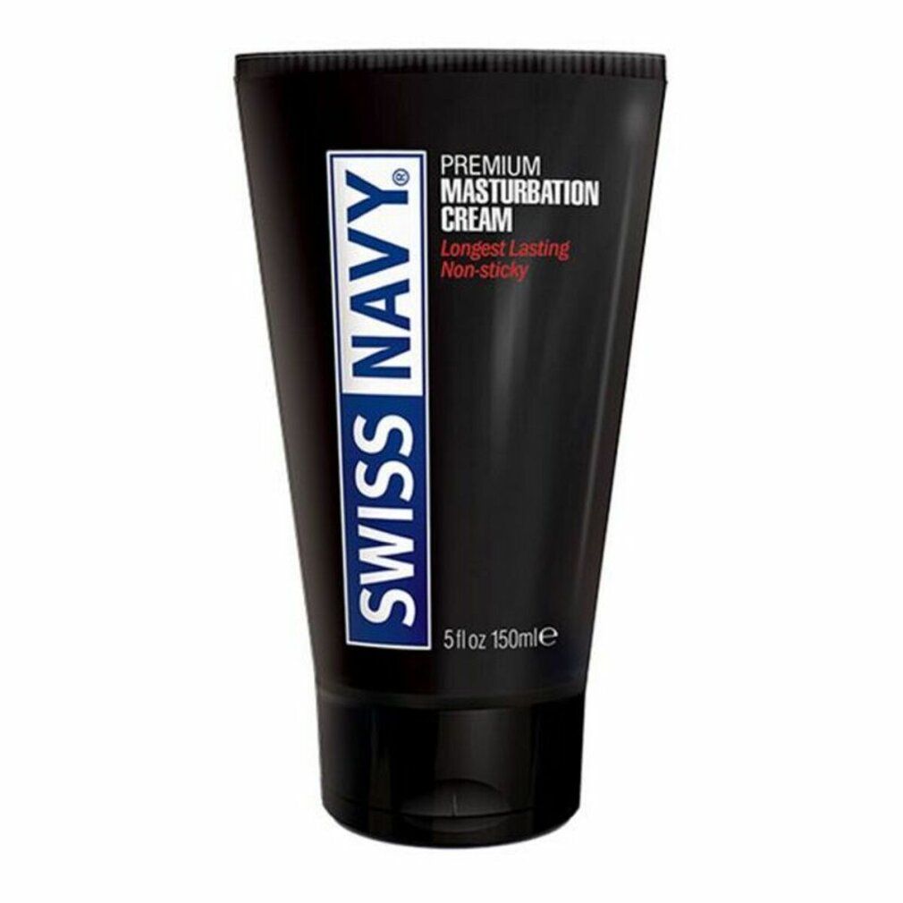 Schwarze Tube mit "SWISS NAVY"-Logo. Text: "PREMIUM MASTURBATION CREAM". Volumen: 150ml.  Lange anhaltend, nicht klebend.