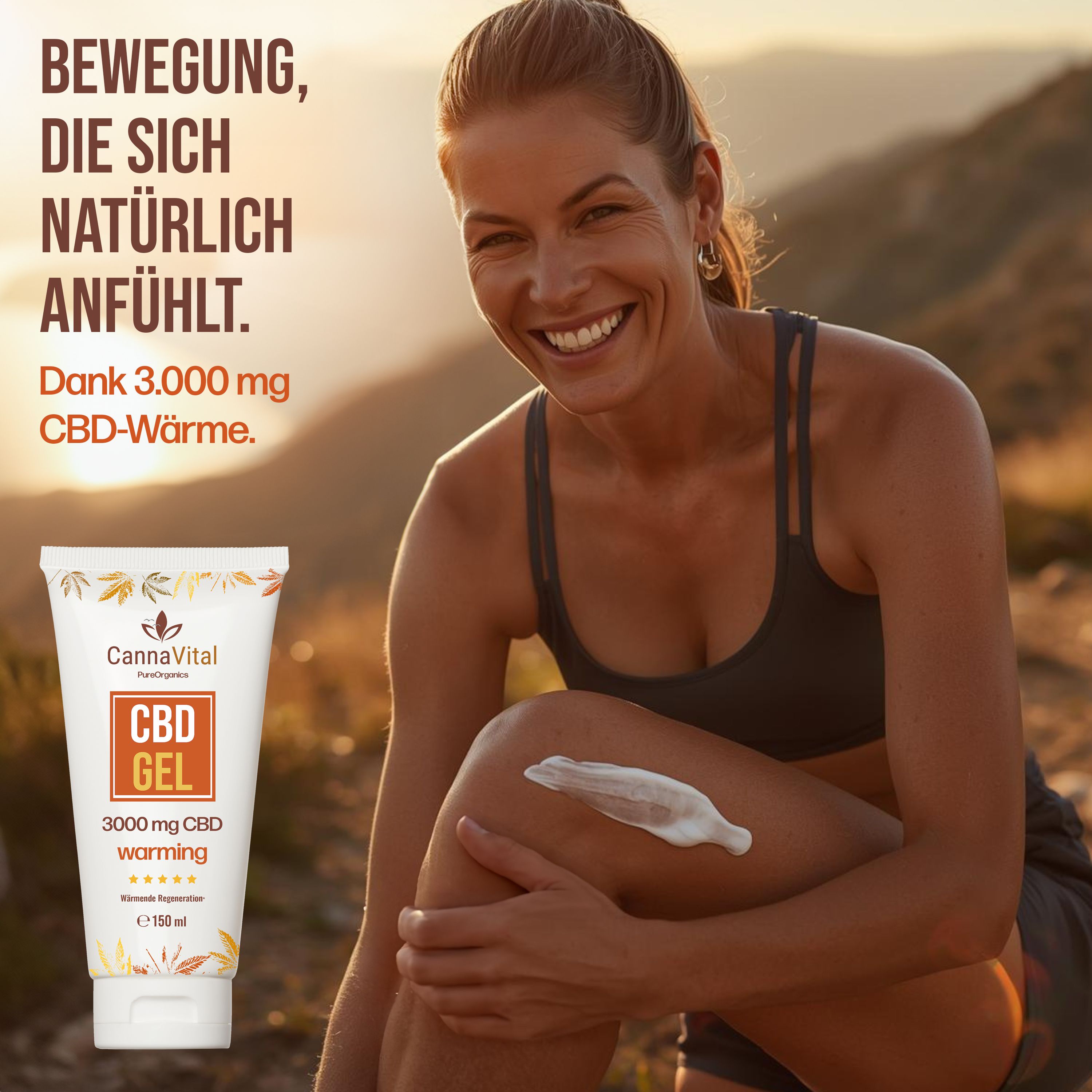 Weißes Gel-Tuben-Produkt mit orangefarbenem Etikett. Text: CBD GEL, 3000 mg CBD warming. Gel auf Knie aufgetragen. Frau im Freien.