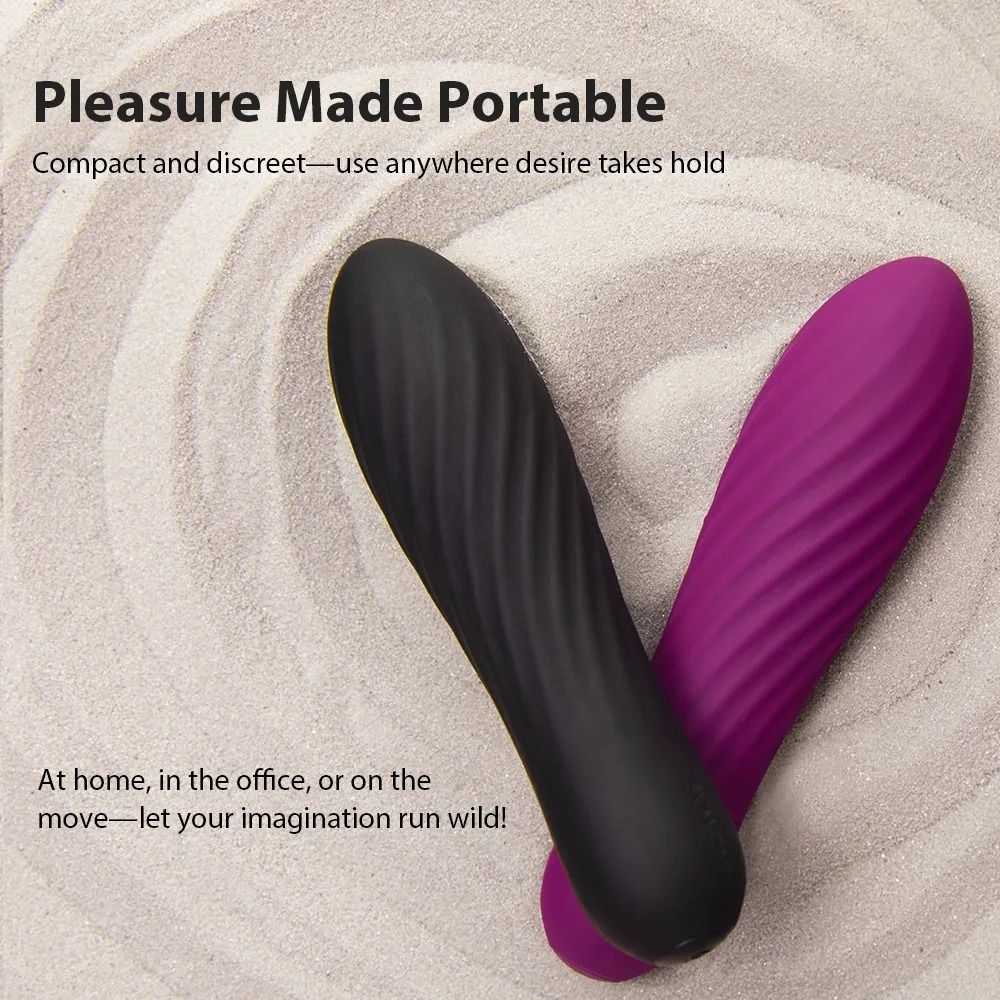 Zwei Vibratoren, schwarz und lila, auf sandigem Untergrund. Text: Pleasure Made Portable.