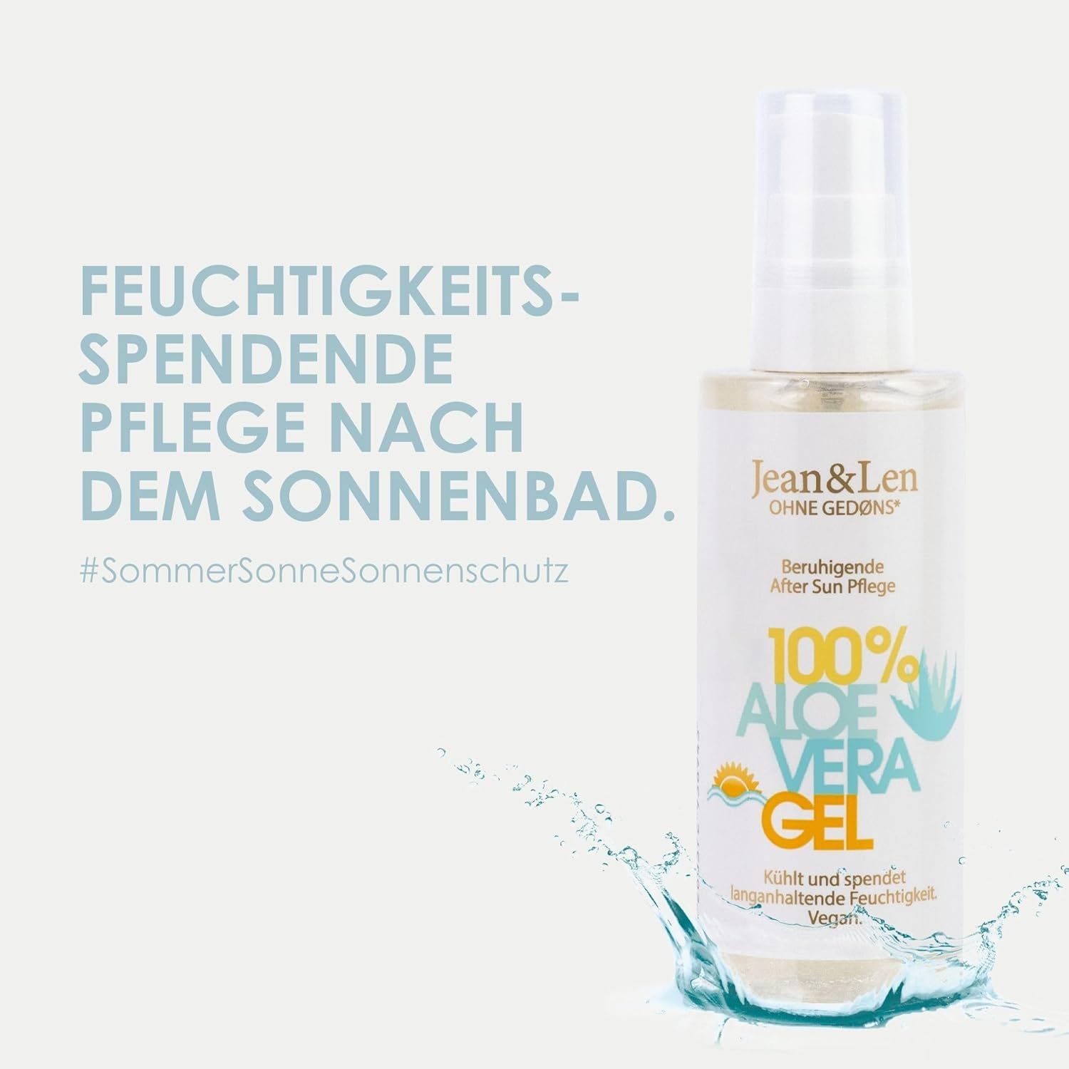 Flasche mit Sprühkopf. Text: Feuchtigkeitsspendende Pflege nach dem Sonnenbad. 100% Aloe Vera Gel.
