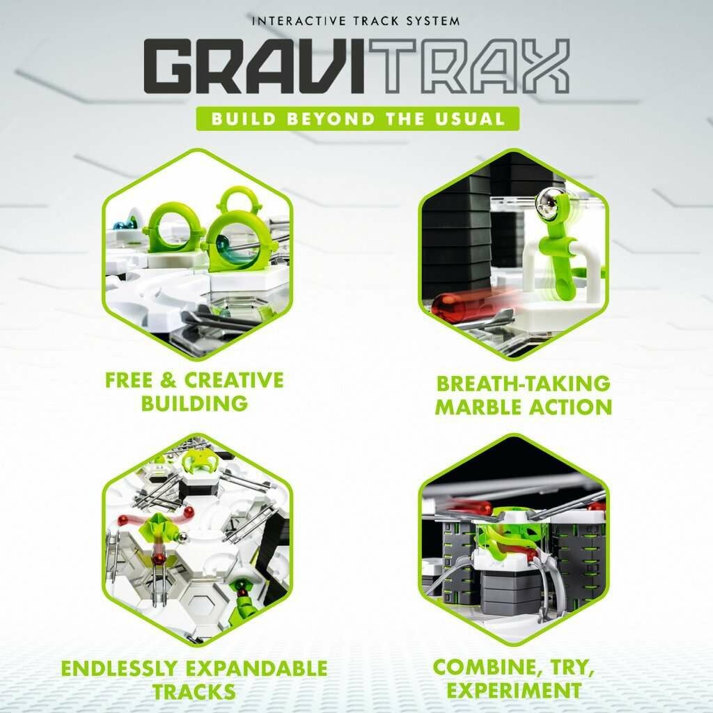 Il sistema GraviTrax, un sistema di binari interattivi, è rappresentato attraverso quattro illustrazioni esagonali che evidenziano le funzionalità: costruzione libera e creativa, azione delle biglie mozzafiato, binari espandibili all'infinito e combinare, provare, sperimentare.