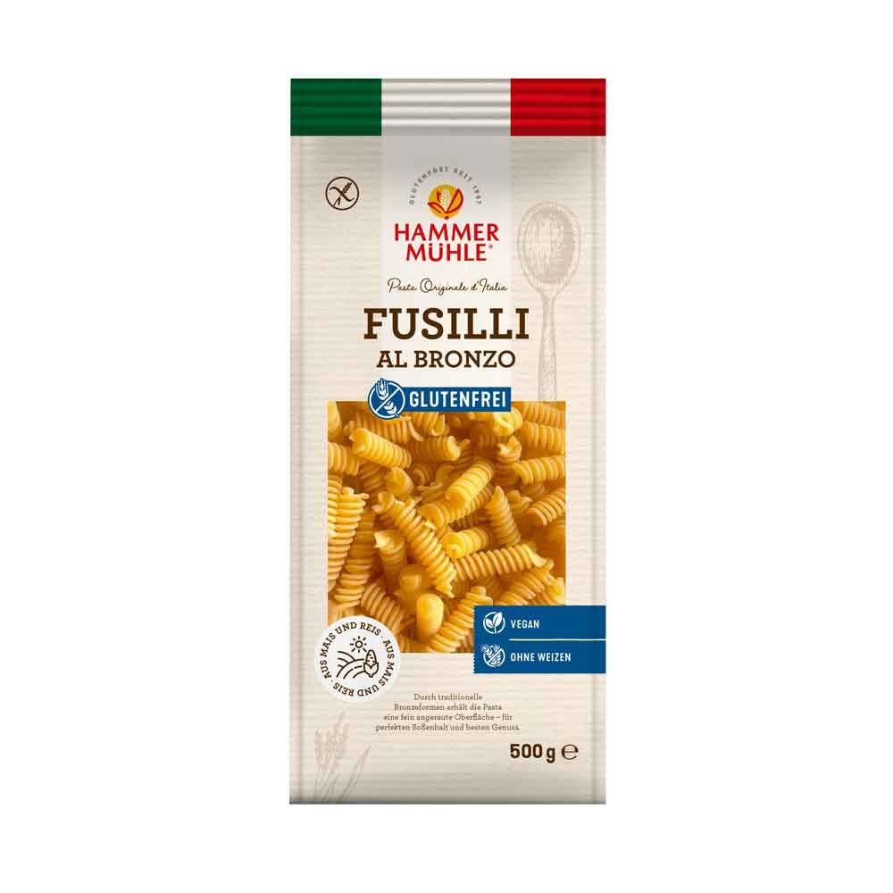 Verpackung mit Fusilli-Nudeln. Marke Hammermühle. Glutenfrei, vegan. Italienische Flagge oben. 500g.