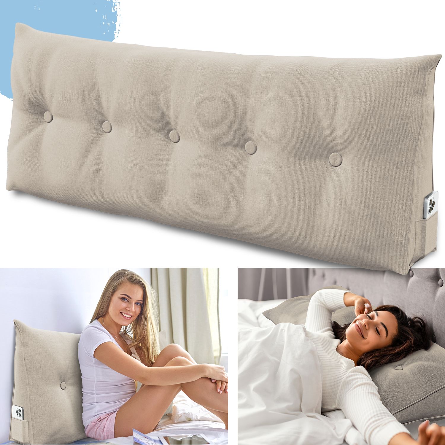 Beiges Kissen mit Knöpfen. Eine Frau sitzt auf einem Bett. Eine Frau liegt auf einem Bett.