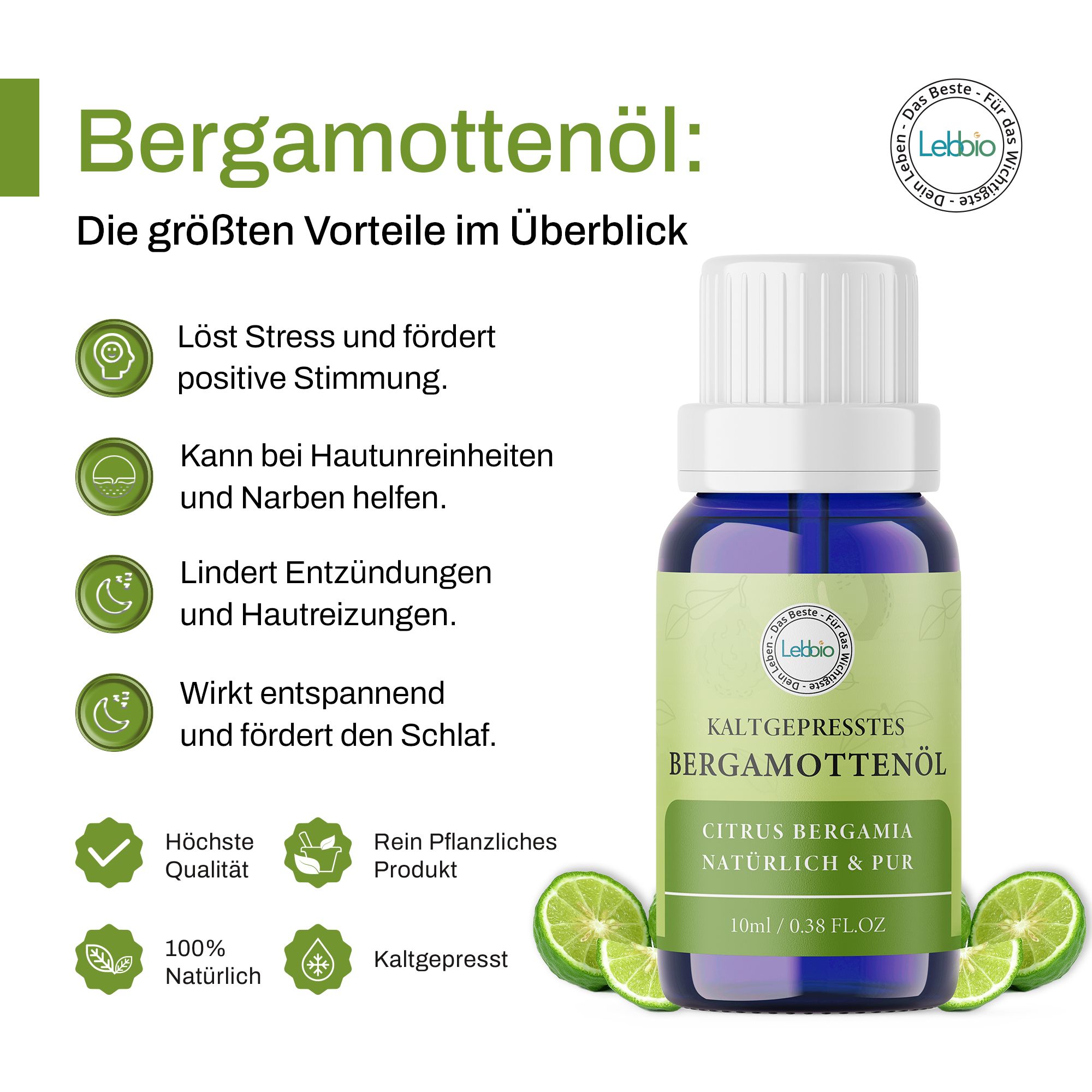 Blaue Glasflasche mit weißem Deckel und grünem Etikett. Aufschrift: Bergamottenöl. Daneben grüne Zitronenscheiben.