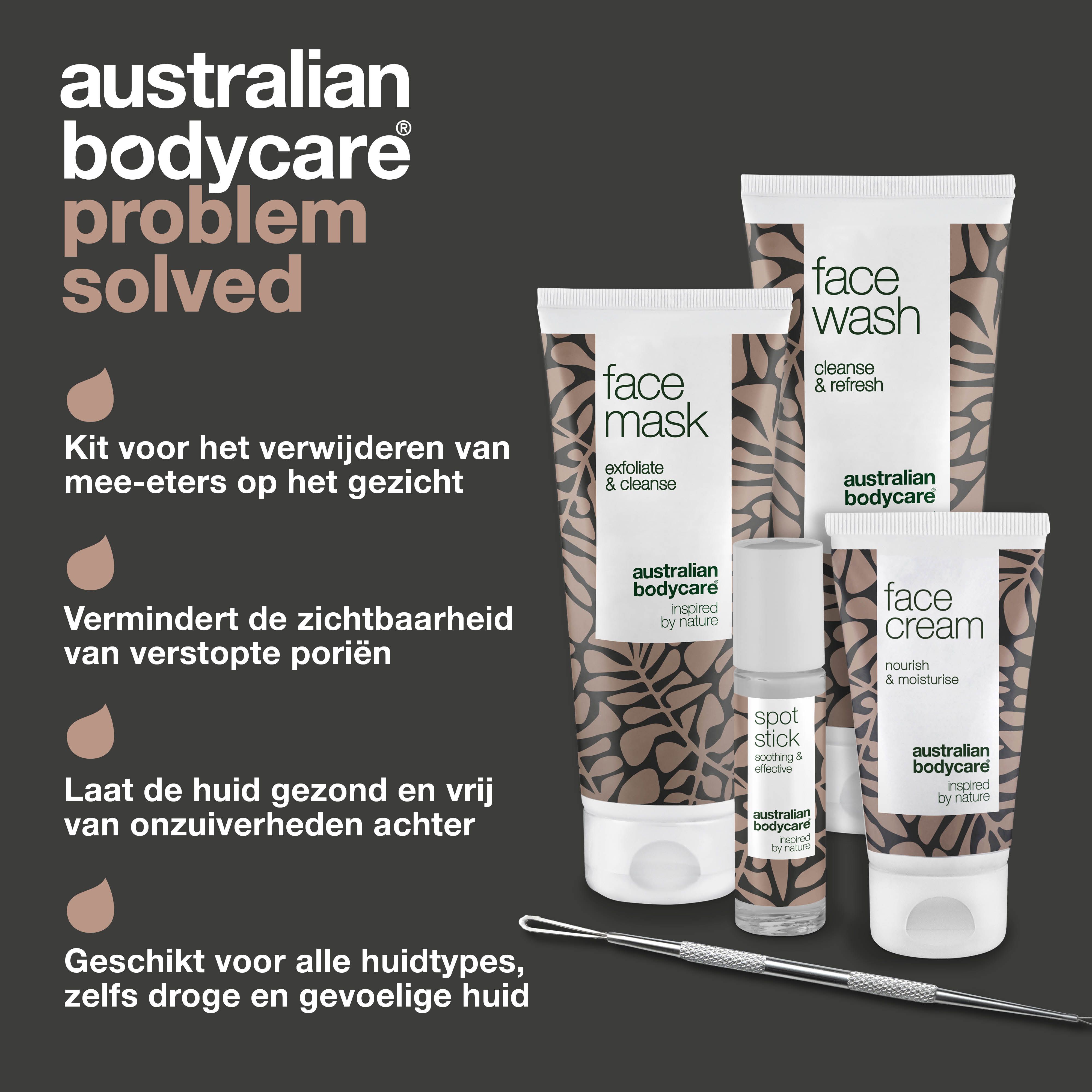 Producten: reiniger, masker, crème, stick en tool. Merk: Australian Bodycare.
