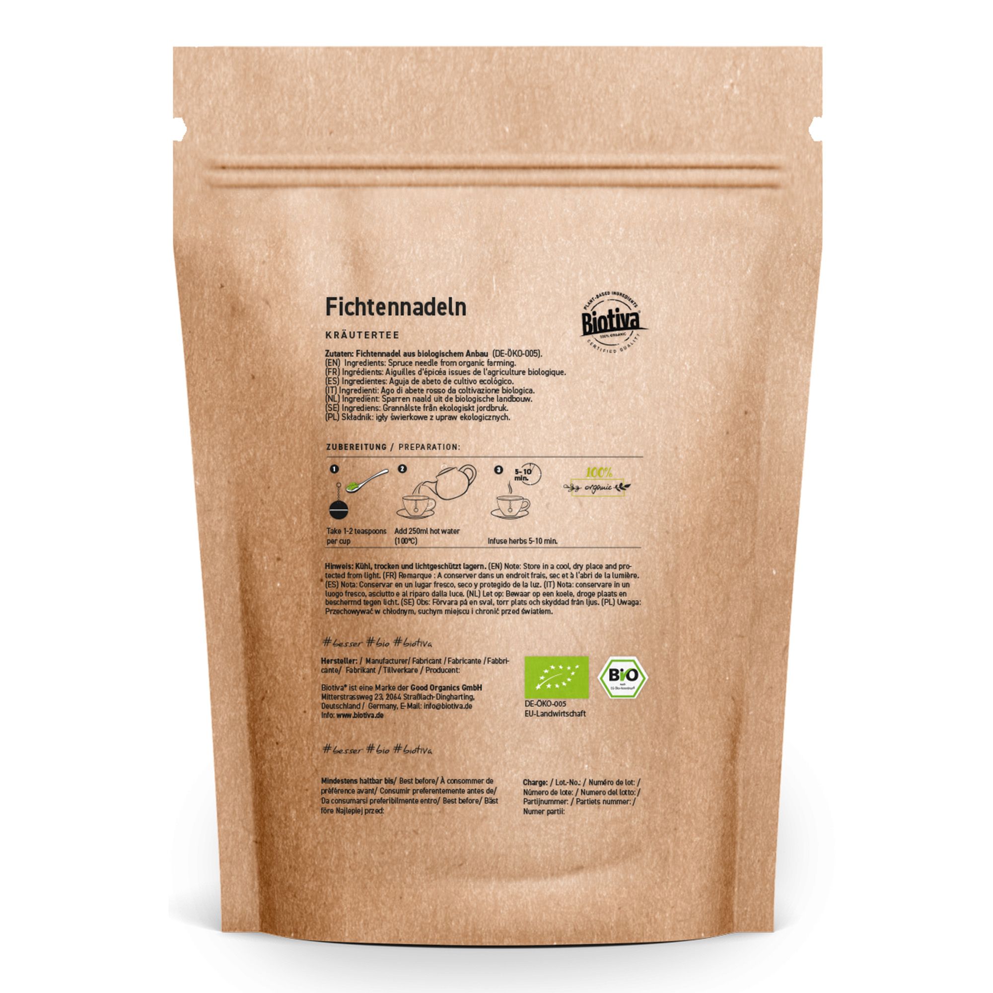 Braune Papierverpackung mit Aufdruck. Text: Fichtennadeltee, Kräutertee, Biotiva. Bio-Siegel und weitere Zertifizierungen.