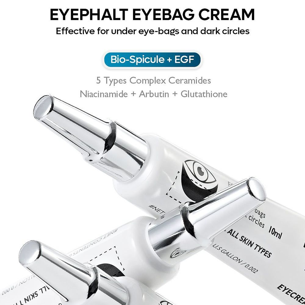 Mehrere Tuben mit silbernen Spitzen. Text: EYEPHALT EYEBAG CREAM, wirksam gegen Tränensäcke und Augenringe. Inhaltsstoffe.